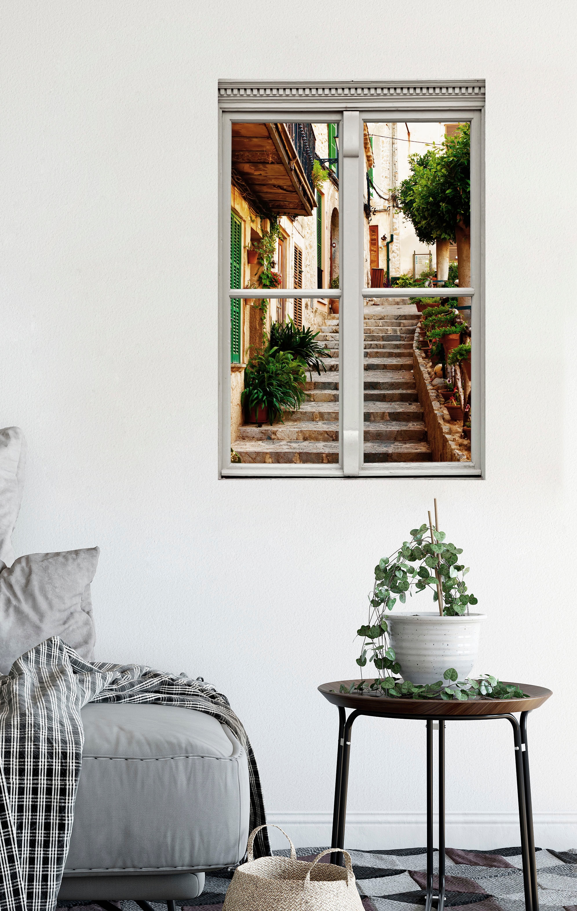 queence Wandsticker »Treppe am Haus«, Wandsticker, Wandbild, selbstklebend, 3D, Fenster