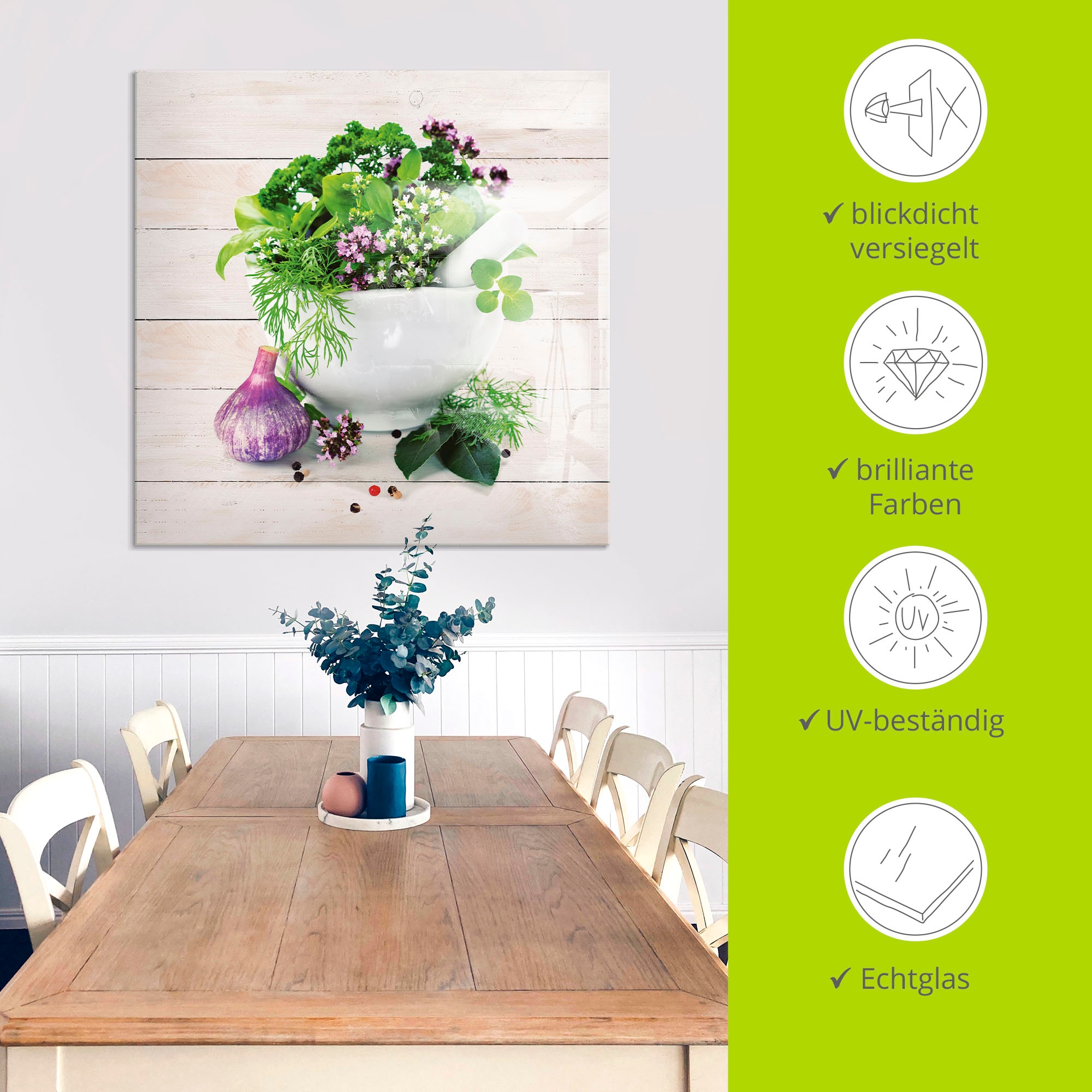 Artland Glasbild »Heilkräuter auf weißem Hintergrund Küche«, Arrangements, (1 St.)