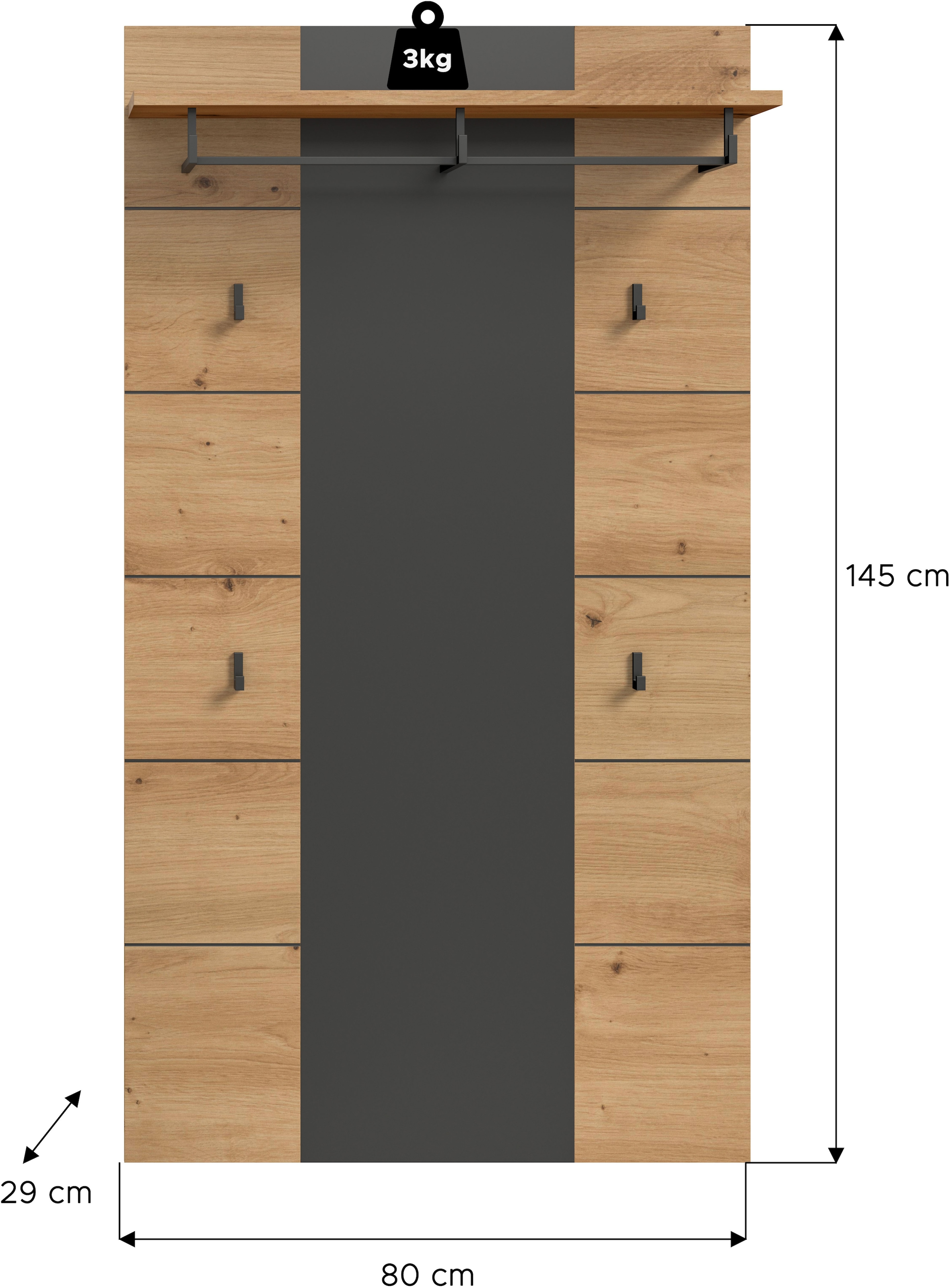 Home affaire Garderobenpaneel »REHAT, TOPSELLER!, Höhe 145 cm, Hutablage, 4 Haken, Garderobenstange« in verschiedenen Farben erhältlich, 1 Stk. tlg. Paneel, Wandboard, Garderobe, Garderobenleiste, Garderobenboard