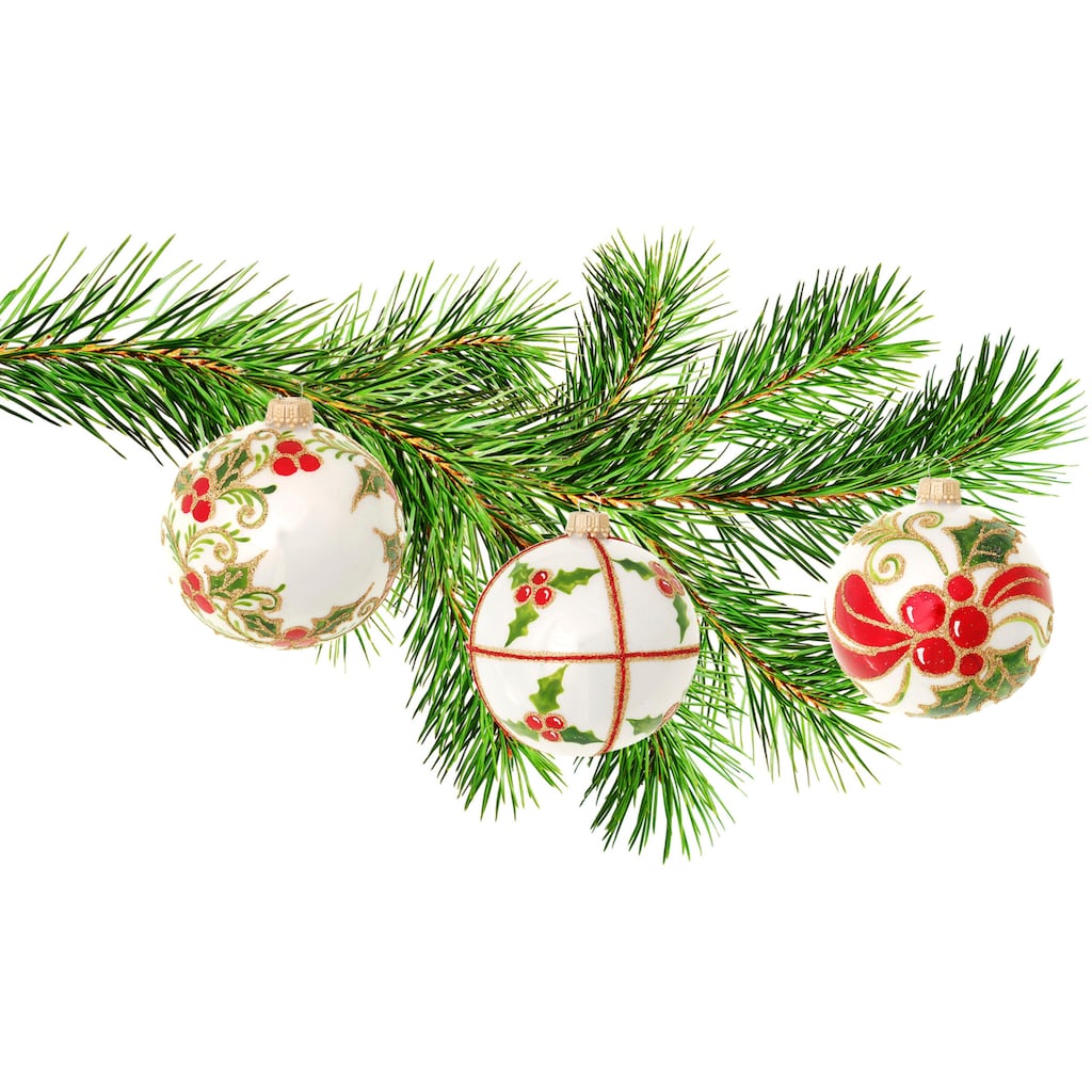 Krebs Glas Lauscha Weihnachtsbaumkugel »Stechpalme, mundgeblasen und handbemalt«, (Set, 3 St.)