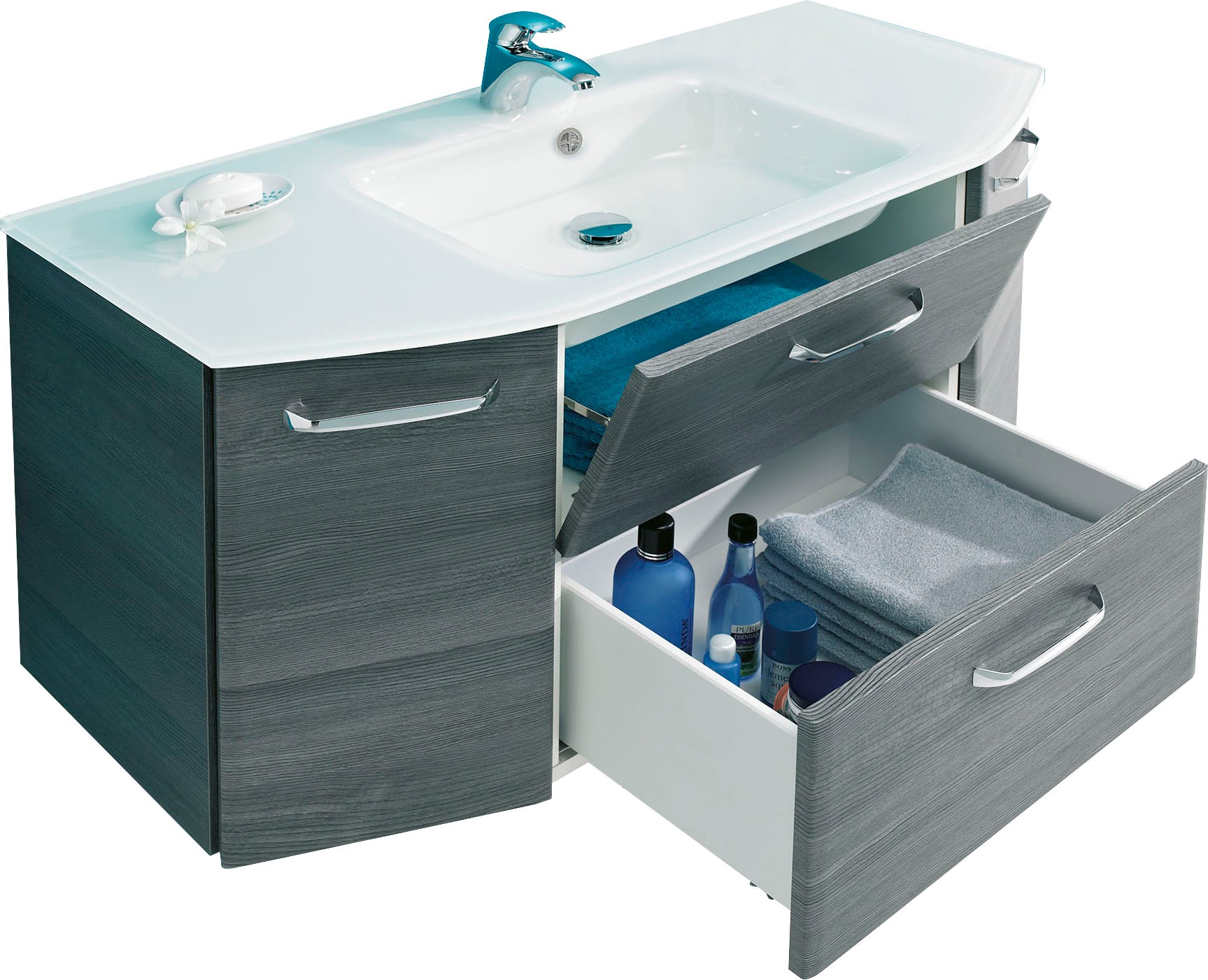 Saphir Waschtisch »Quickset Waschplatz inkl. Glaswaschtisch, 112 cm breit, 2 Türen«, Unterschrank mit Waschbecken, inkl. Türdämpfer, Griffe Chrom Glanz