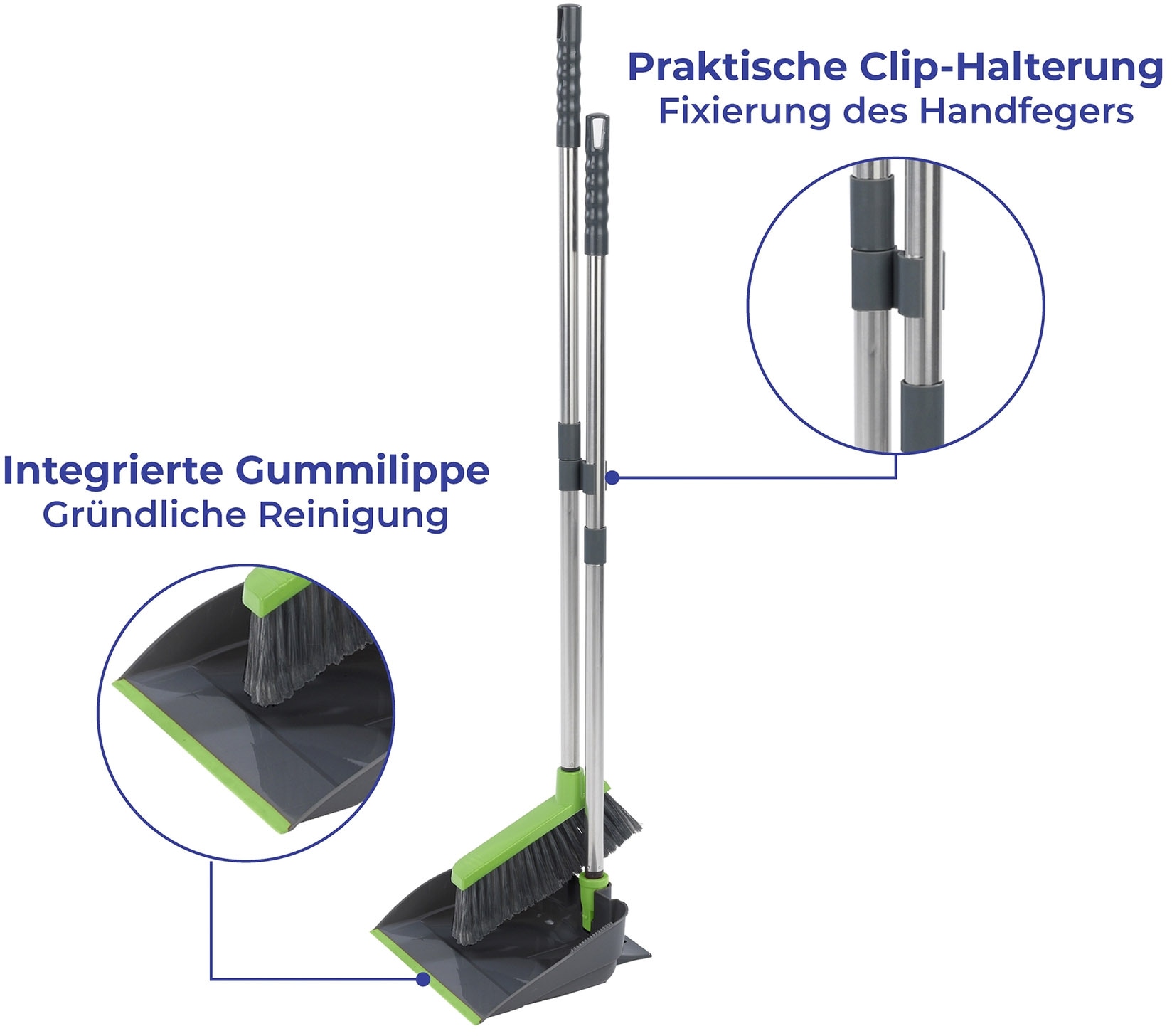 Maximex Kehrgarnitur, Komplett-Set, 2 St., aus Edelstahl, klappbares Handfeger Set mit langem Teleskop-Stiel, rückenschonend
