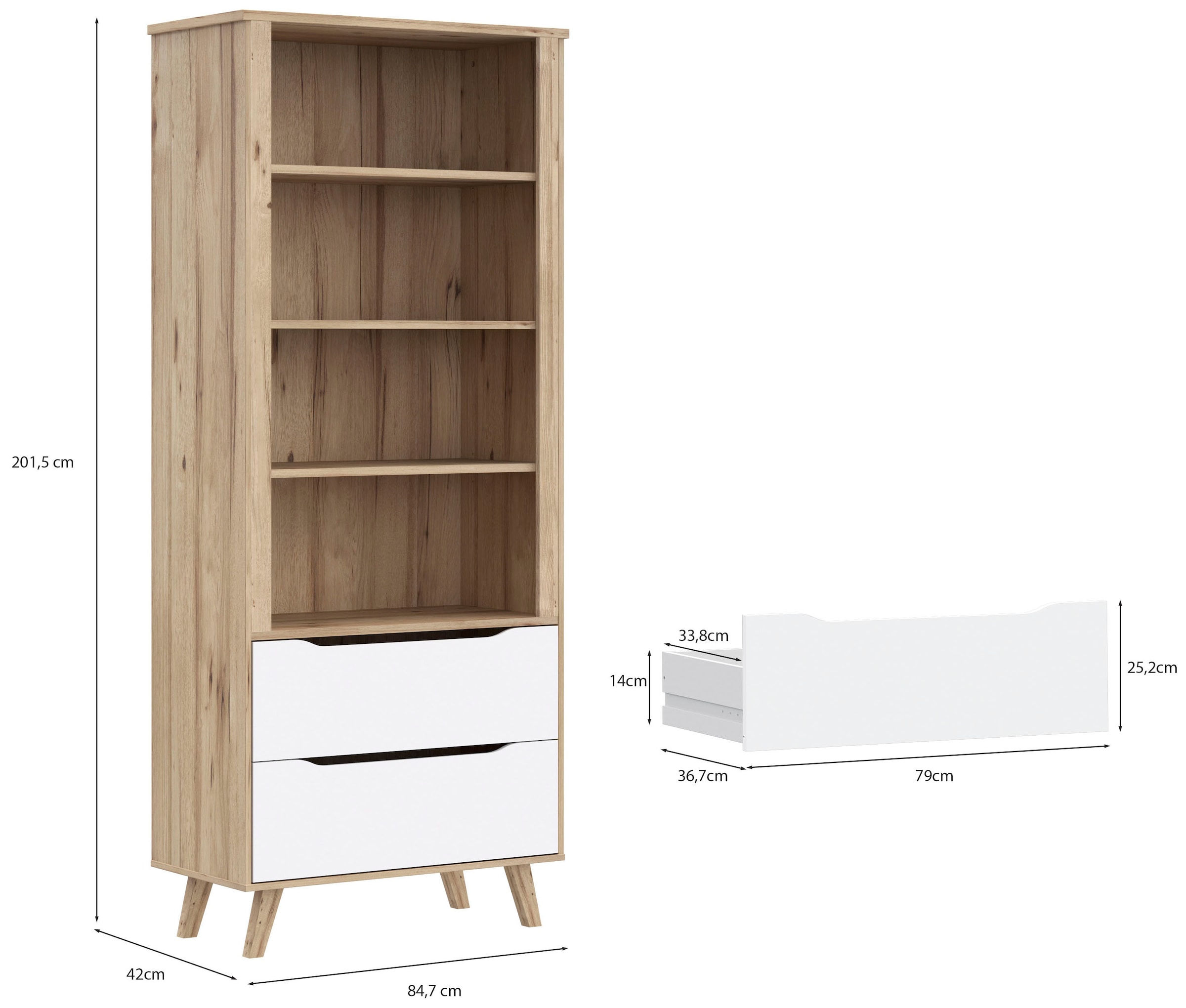 FORTE Wandregal »Vankka Regal 2 Schubkästen« B/H/T 84,7/201,5/41,7 cm,  Regal, Holzfüße, Einlegeböden variabel , 2 Schubkästen