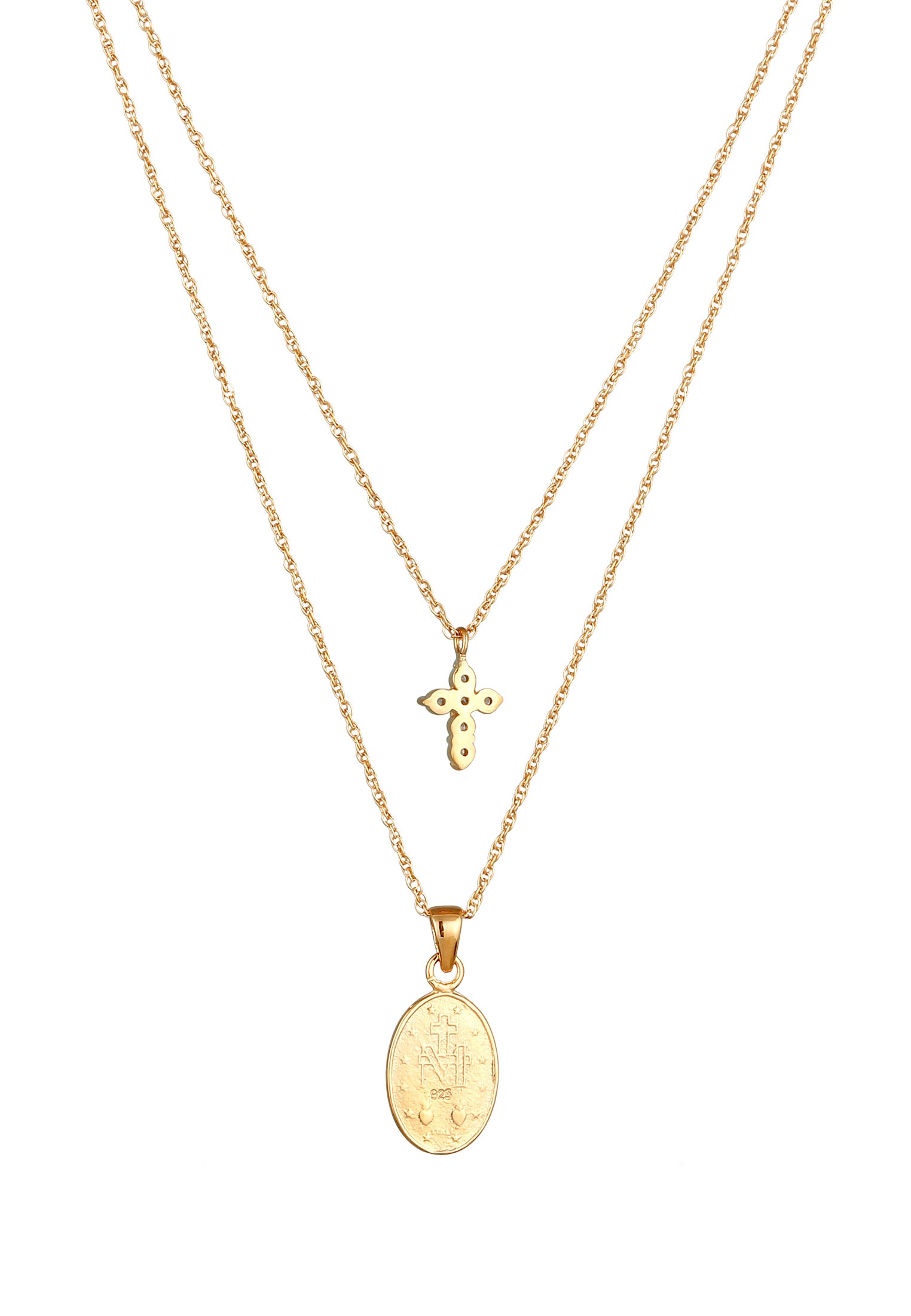 Elli Silberkette »Halskette Layer Marienbild Kreuz Zirkonia Weiß 925 Sterling Silber«