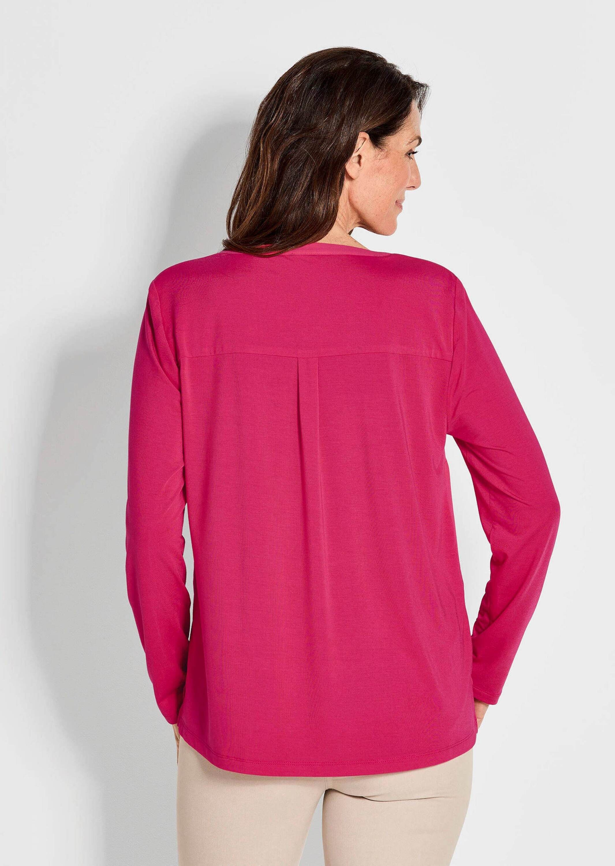 GOLDNER Kurzarmbluse »Kurzgröße Langarm Damen Unibluse mit Chiffoneinsatz und Rundhalsaussschnitt«