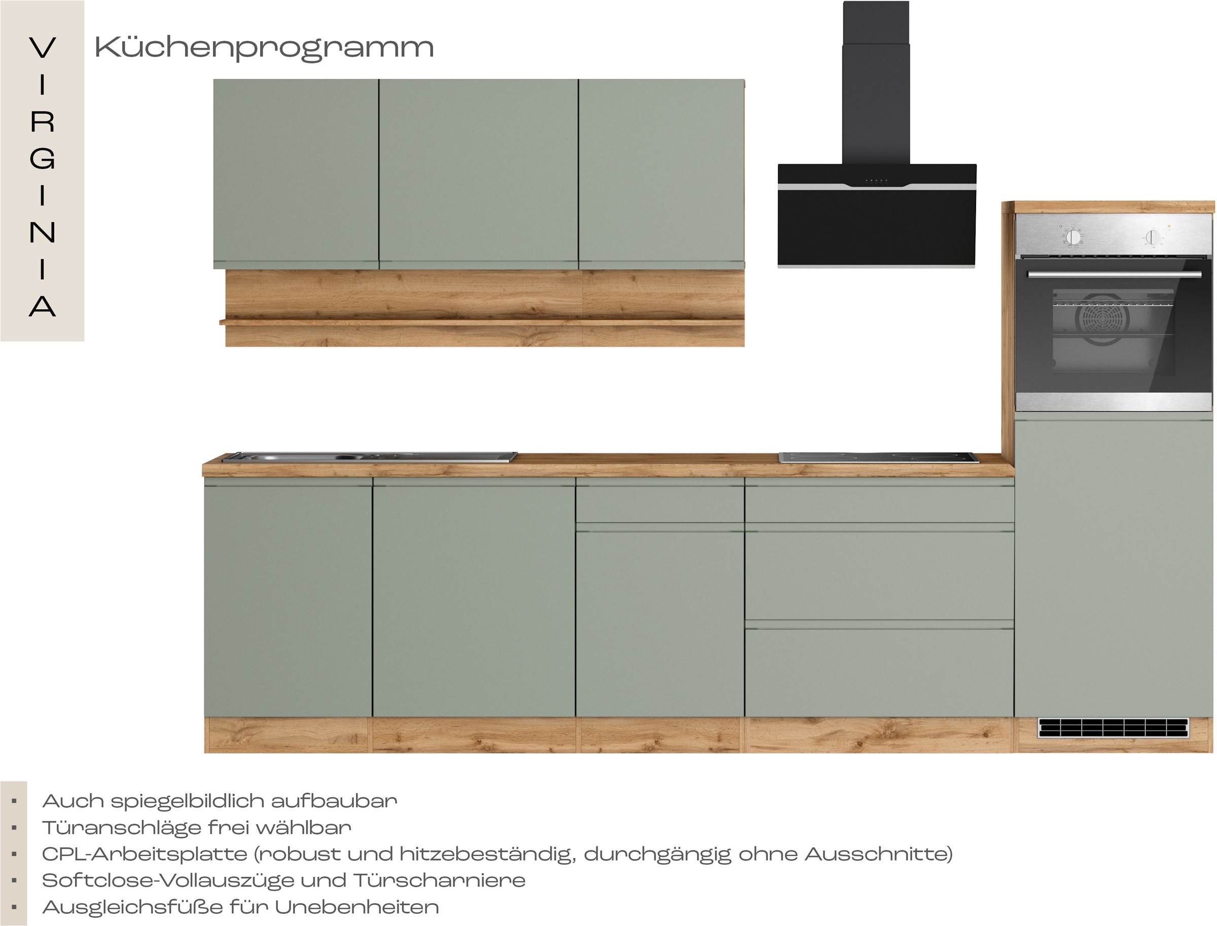 KOCHSTATION Küchenzeile »KS-Virginia,neu in verbesserter Ausführung« Arbeitsplatte 38 mm stark, Stauraum, Softclose,  Breite 300 cm, Soft-Close, ohne E-Geräte