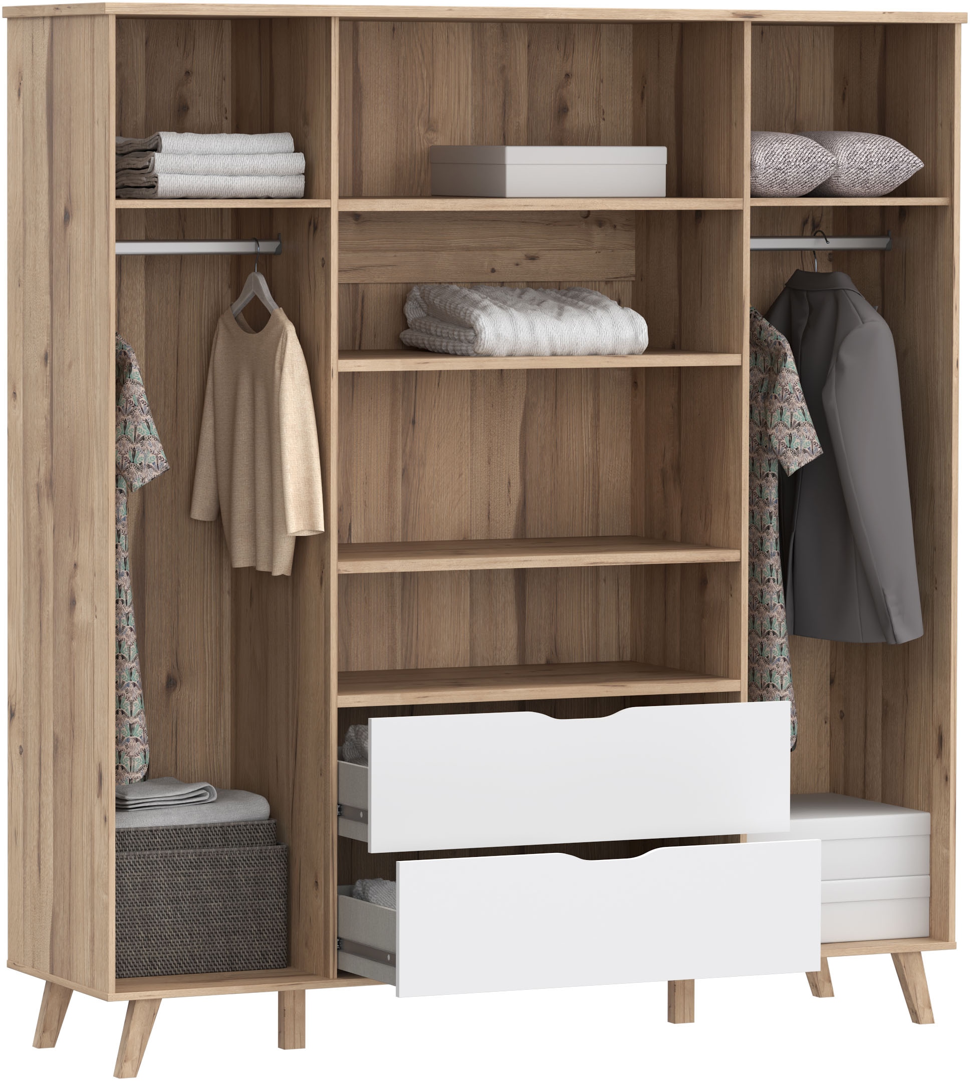 FORTE Kleiderschrank »Vankka, Drehtürenschrank, Viel Stauraum, skandinavischer Stil« Made in Europe, mit Einlegeböden+Kleiderstangen+Schubladen,grifflos