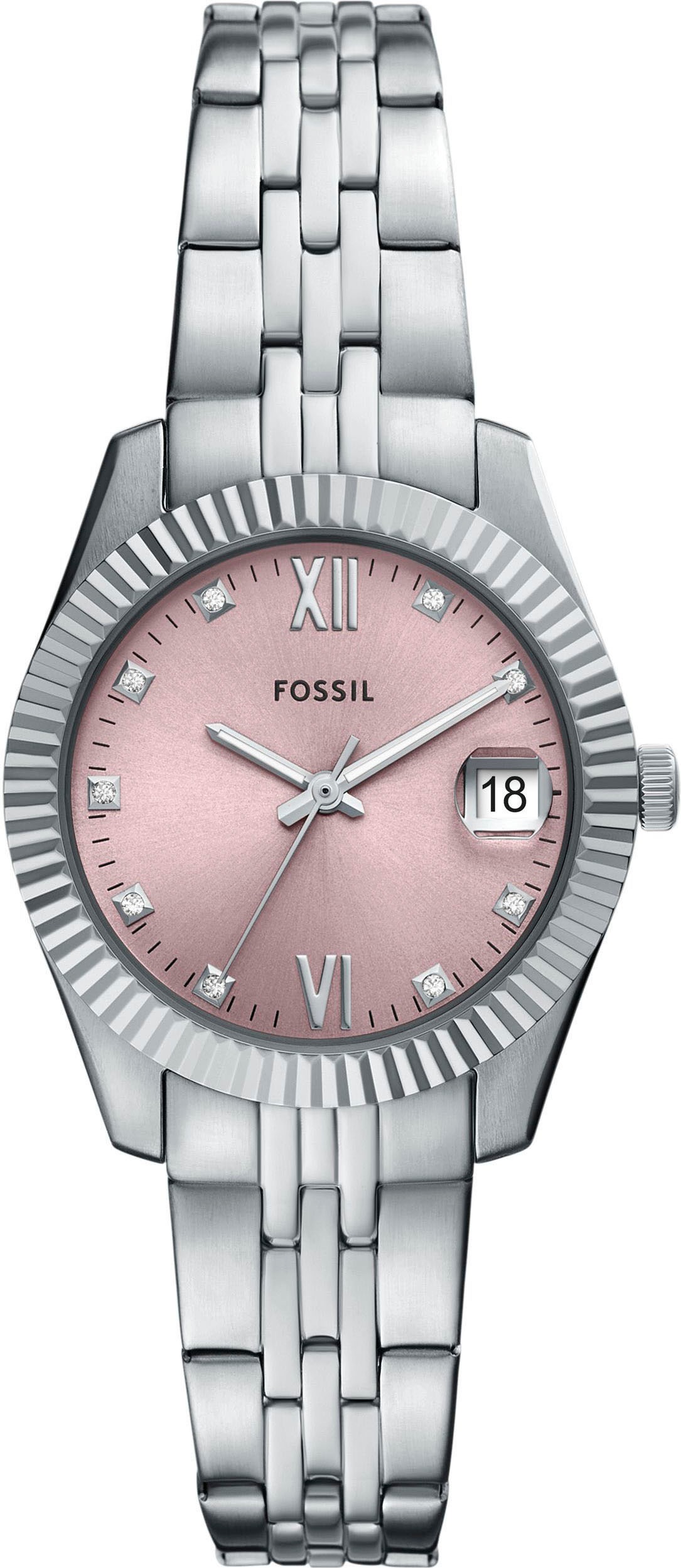 Fossil Quarzuhr »SCARLETTE MINI«, Armbanduhr, Damenuhr, Edelstahlarmband, analog, Tag, Glassteine