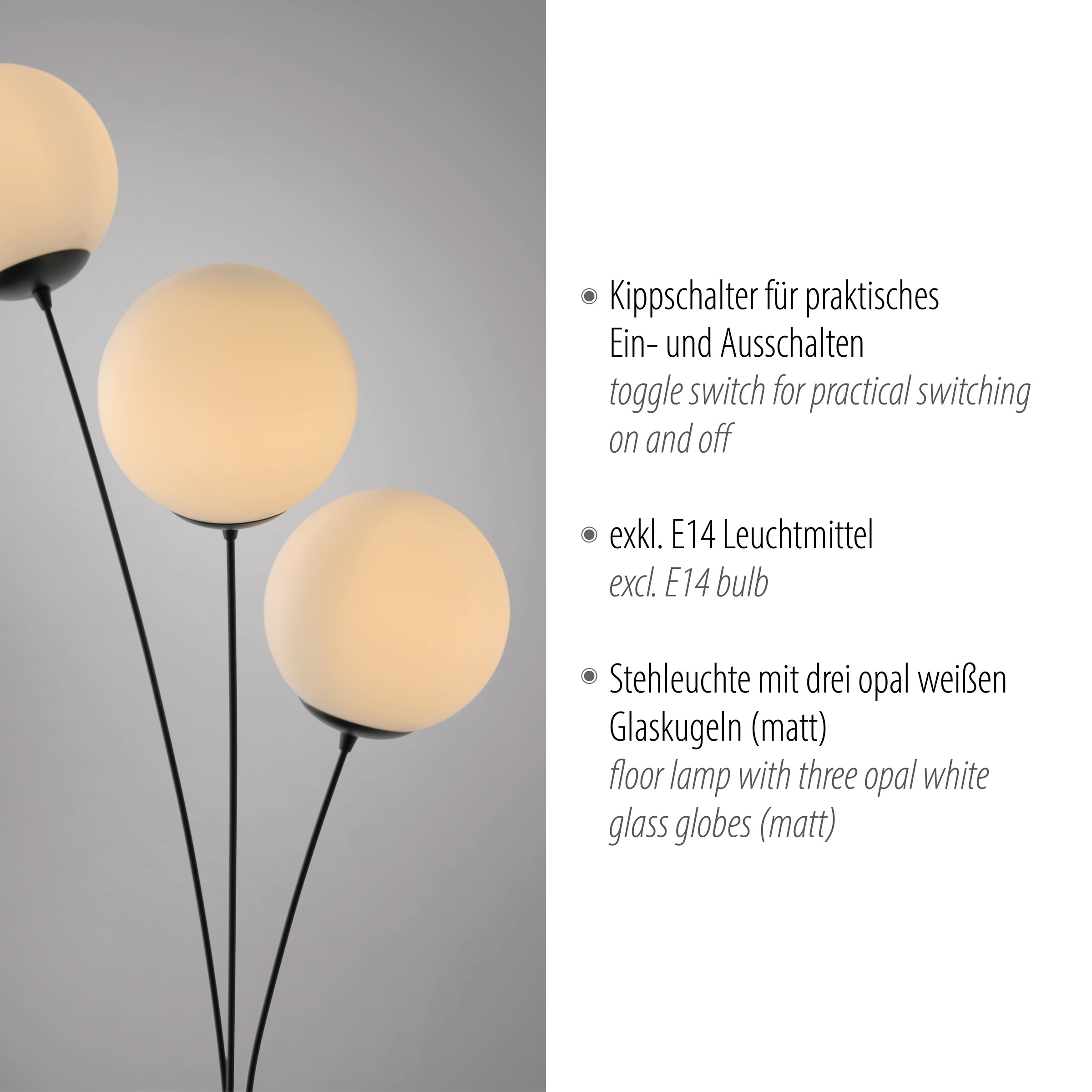 my home Stehlampe »Nymölla«, 3 flammig, Leuchtmittel E14 | ohne Leuchtmittel, Stehleuchte mit großen Glaskugeln amberfarben oder opal matt weiß