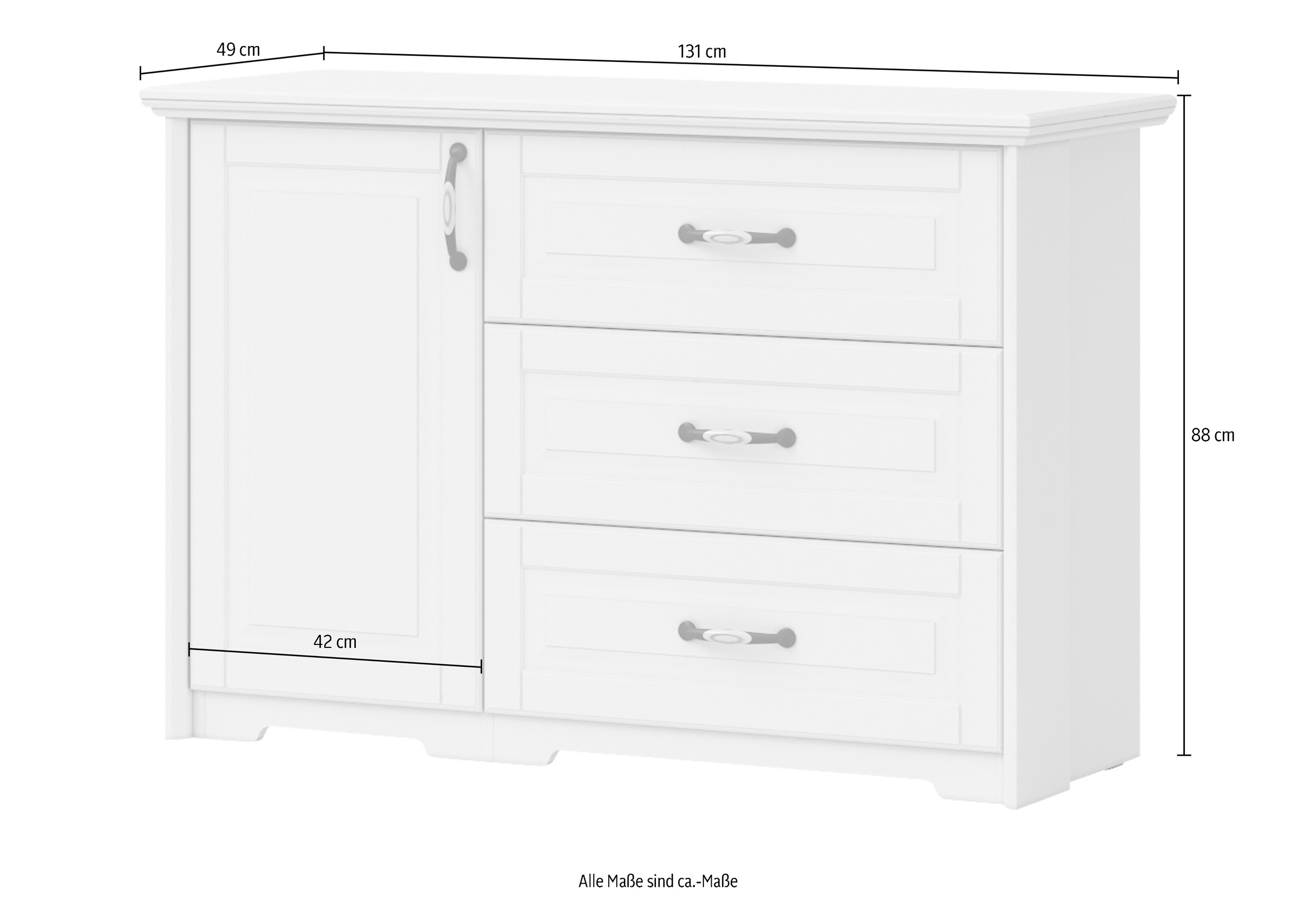 Home affaire Kombikommode »Evergreen, Maße: B/T/H 131/48/88cm, Soft-Close-Funktion«, (1-türig und 3 Schubladen), im klassischen Landhausstil,FSC-zertifiziert,hochwertige UV Lackierung