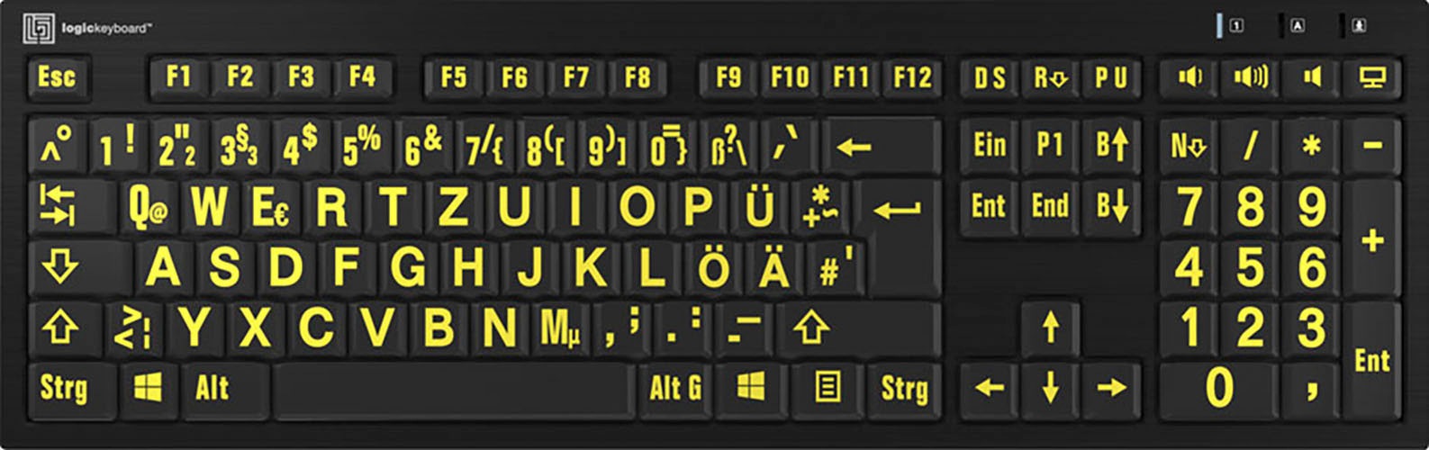 Slimline-Tastatur »XL-Print Yellow on Black DE (PC/Nero)«, (Ziffernblock-USB-Hub)