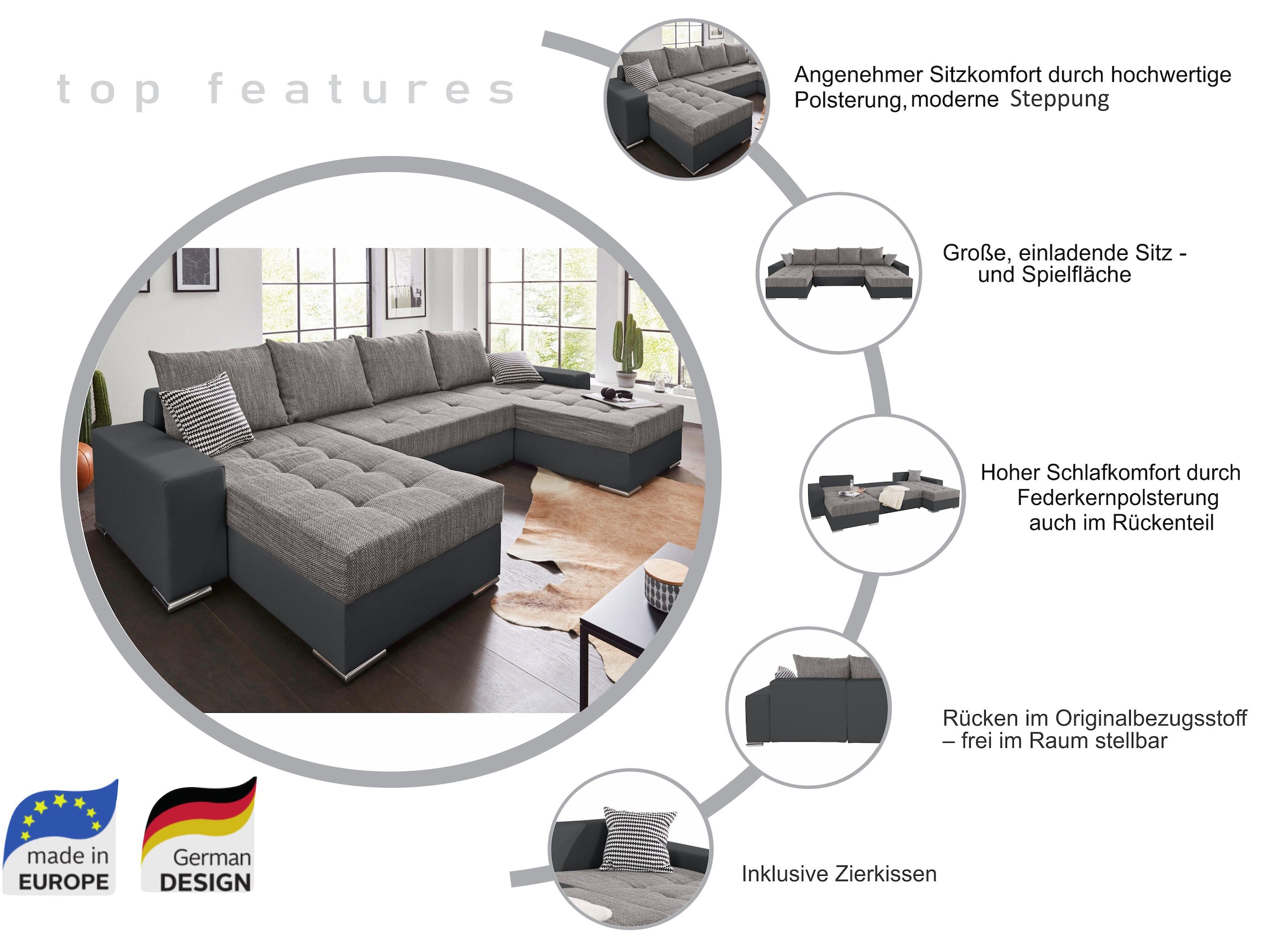 COLLECTION AB Wohnlandschaft »Josy XL U-Form, B: 313 cm in Kunstleder-Mix, Microfaser« mit Bettfunktion, Bettkasten & 2 Zierkissen, Federkern