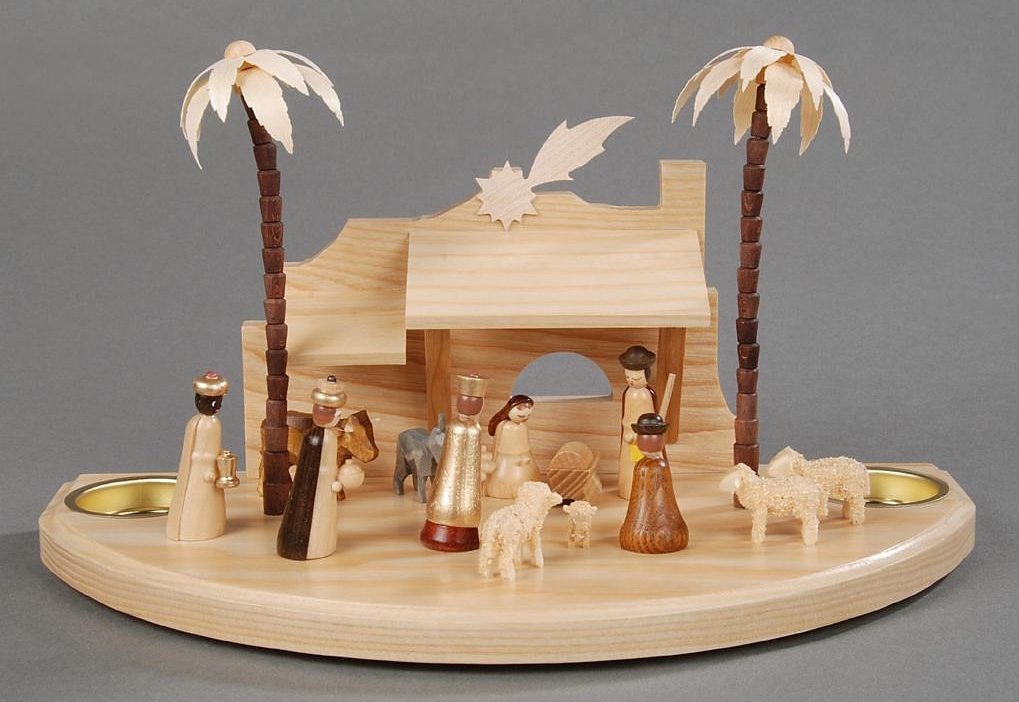 Albin Preissler Teelichthalter "Christi Geburt, Handwerkskunst aus dem Erzgebirge" Weihnachtsdeko aus Holz