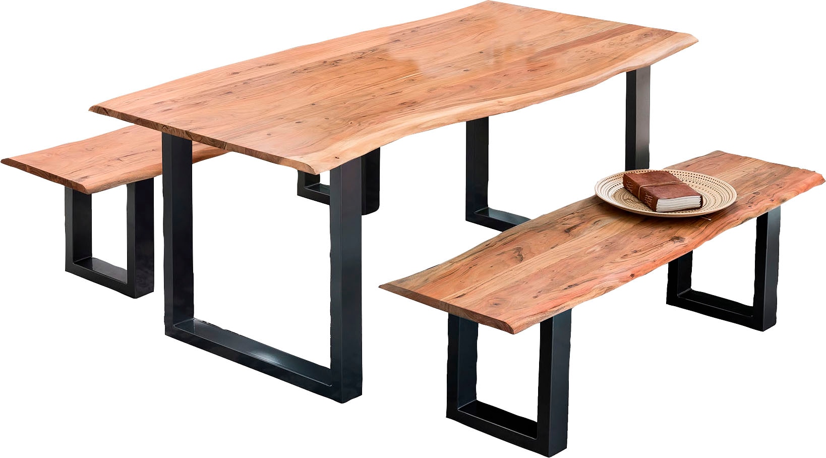 SIT Essgruppe, (Set, 3 tlg., 1 Tisch und 2 Bänke), Mit natürlicher Baumkante