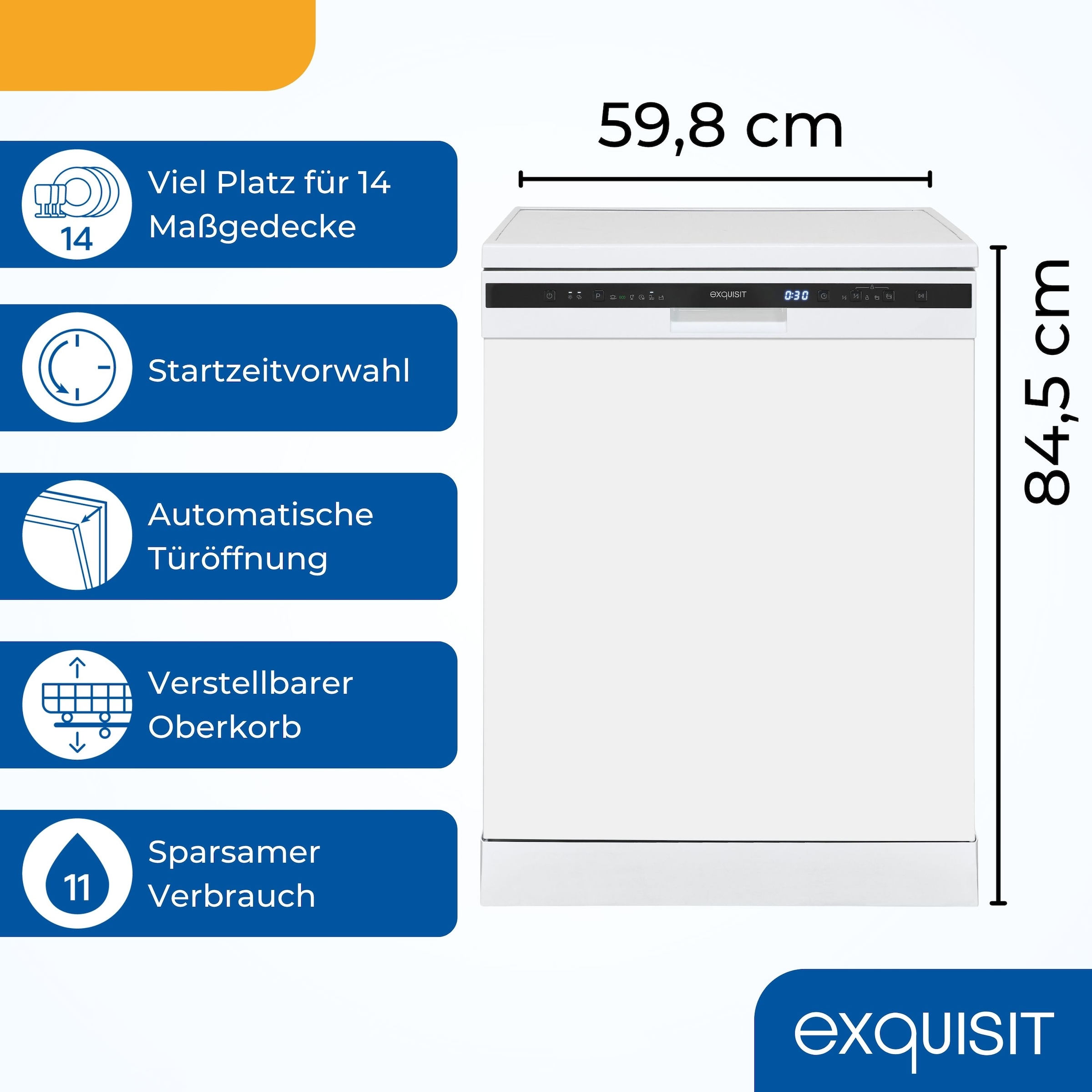 exquisit Standgeschirrspüler 6314 »GSP6314-030C weiss« 10,2 l 14 tlg. Maßgedecke Effizient, leise, 14 Maßgedecke – smartes Spülen mit LED-Komfort