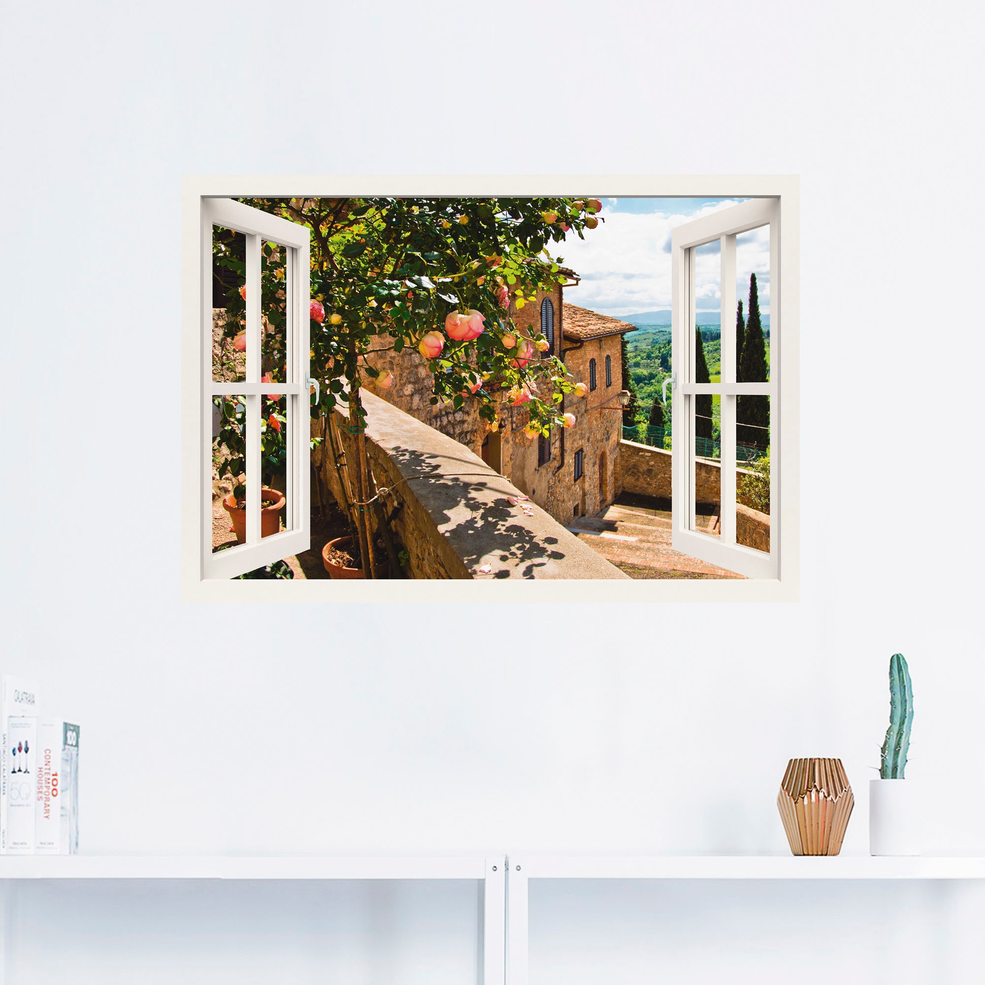 Artland Wandbild »Fensterblick Rosen auf Balkon Toskana«, Garten, (1 St.), als Alubild, Outdoorbild, Leinwandbild, Poster, Wandaufkleber