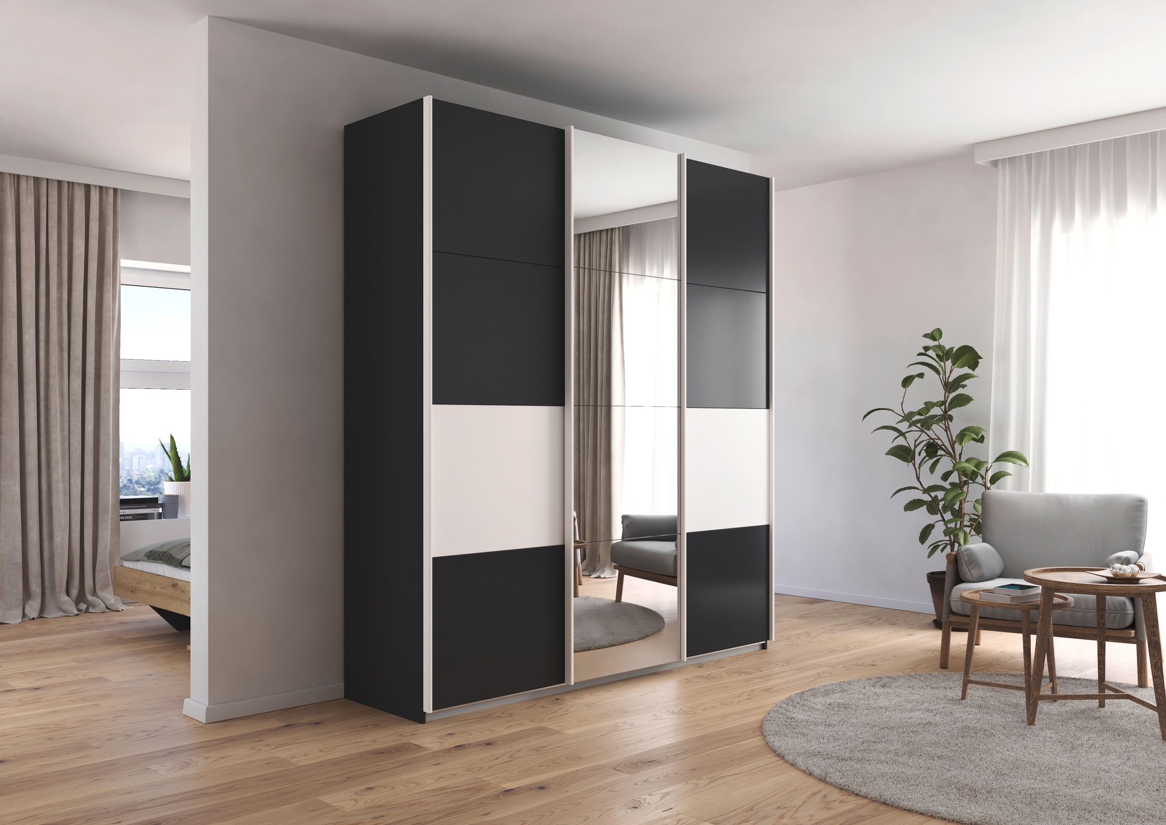 rauch Schwebetürenschrank »Schwebetürenschrank Kleiderschrank Schrank Garderobe CORTONA«, inkl. Inneneinteilung, 2 Stoffboxen und zusätzlichen Einlegeböden