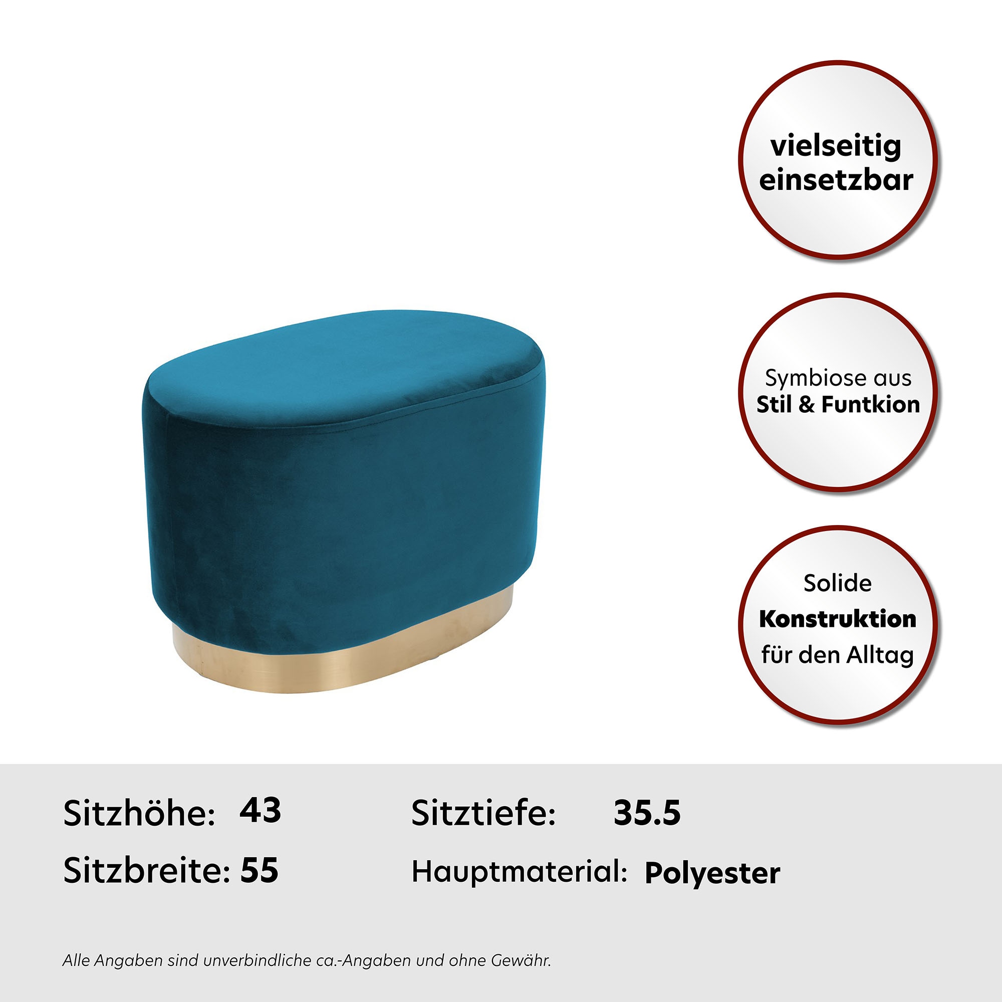 Kayoom Hocker »Nano 410, Hocker in stilvollem Design, ovale Form, mit Fuß aus Metall«, (1 St.), Gold Akzente, Bequem, Modern, mit pflegeleichtem Stoffbezug