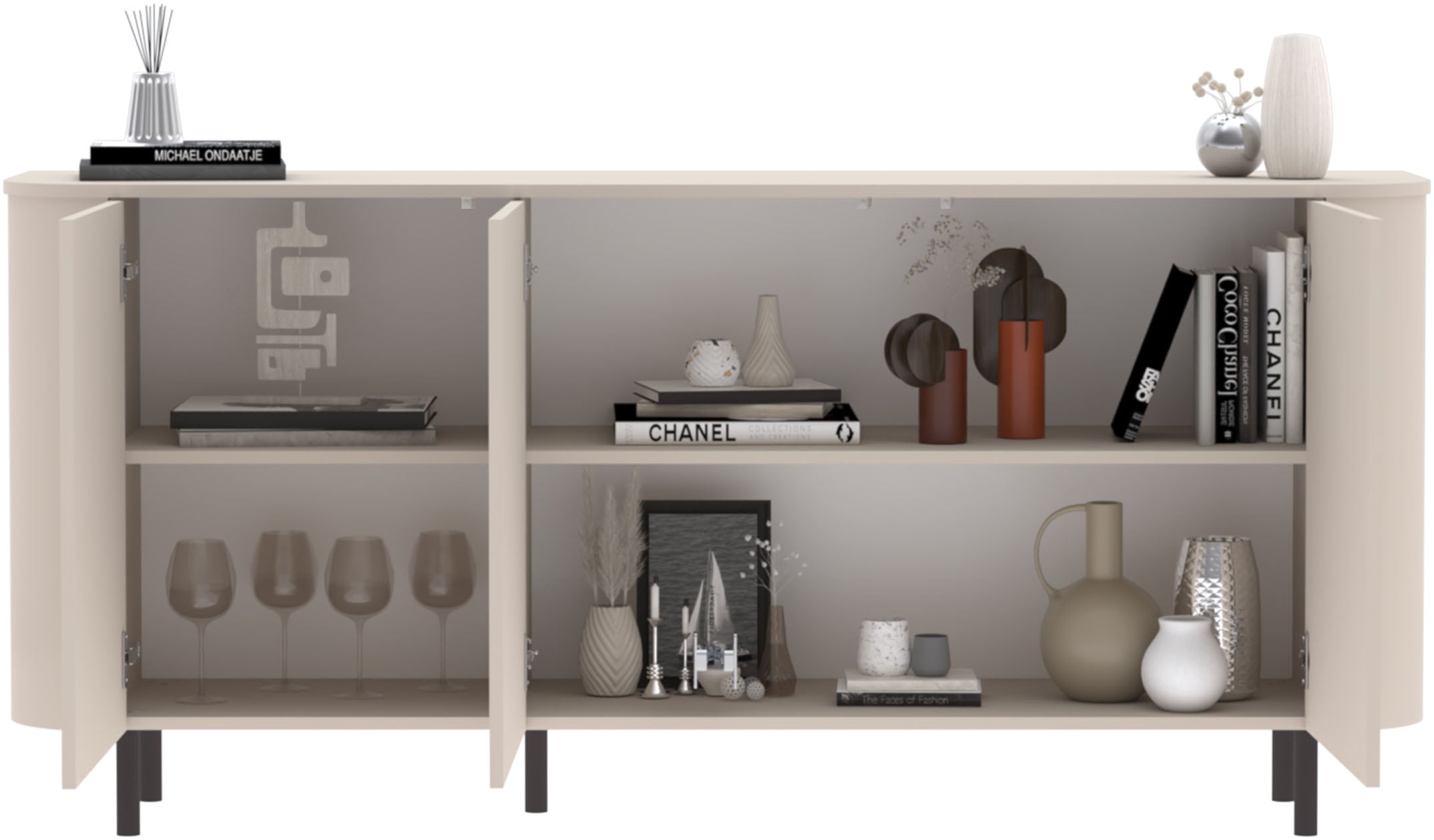 OTTO home Sideboard »Lido, 181 cm breit, 3 Türen, Anrichte, Kommode, Stauraumschrank« Formgebogenes MDF, Stirnseiten mit Rundung, Push-to-open, Metallfüße
