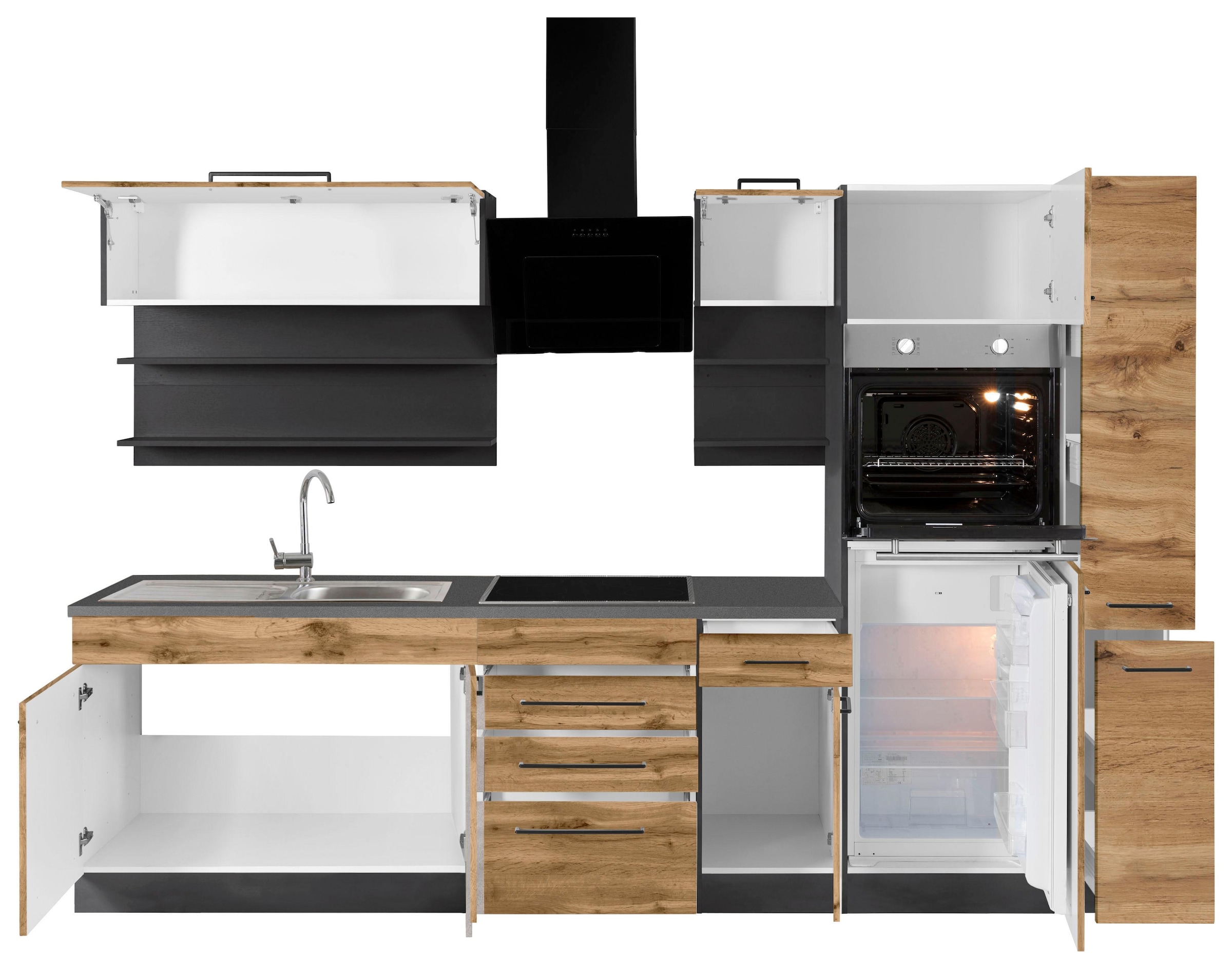 KOCHSTATION Küchenzeile »KS-Tulsa« ohne E-Geräte, Breite 300 cm, schwarze Metallgriffe, MDF Fronten