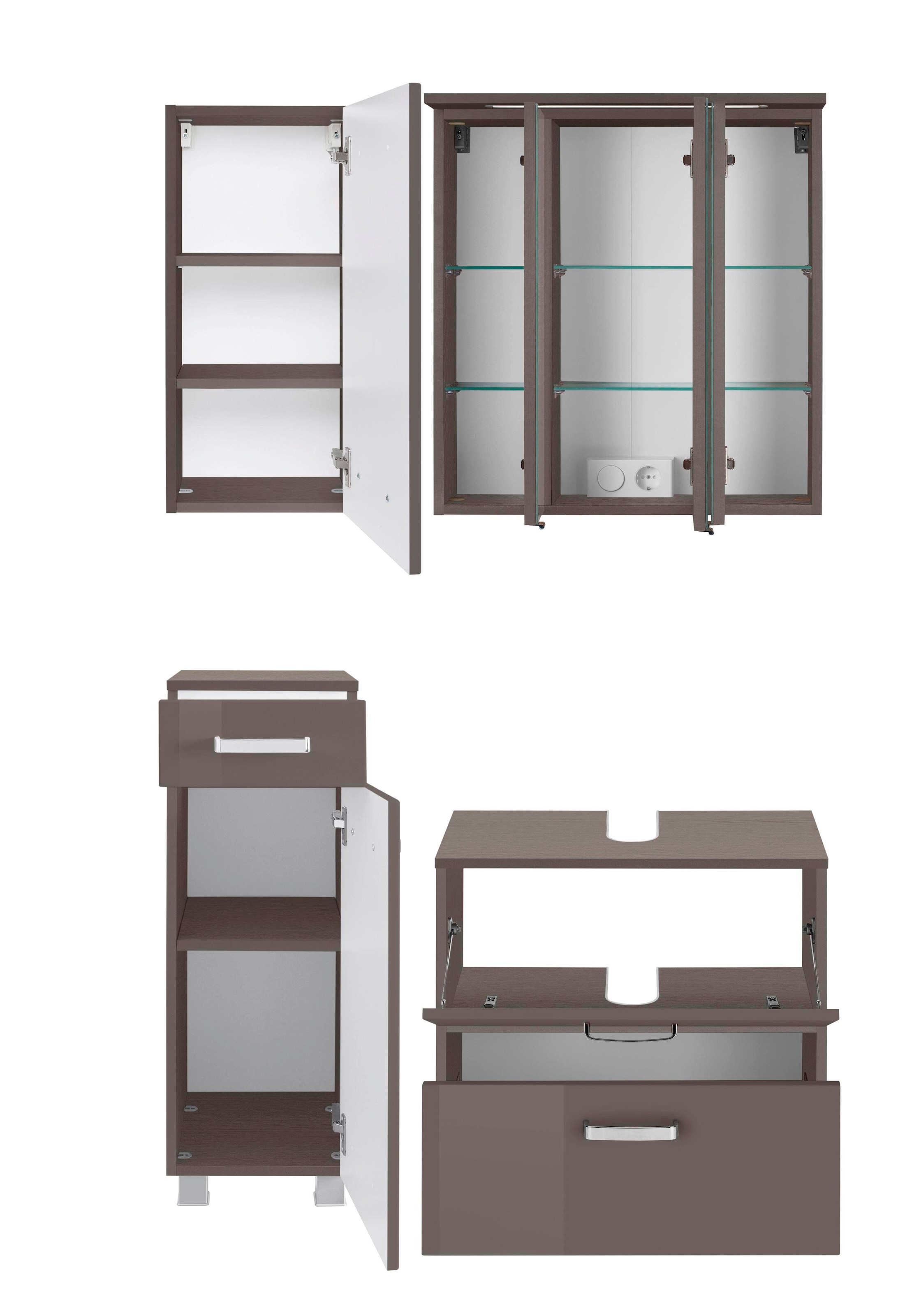 welltime Badmöbel-Set »Ravenna«, (4 St.), Hängeschrank, Unterschrank, Spiegelschrank, Waschbeckenunterschrank