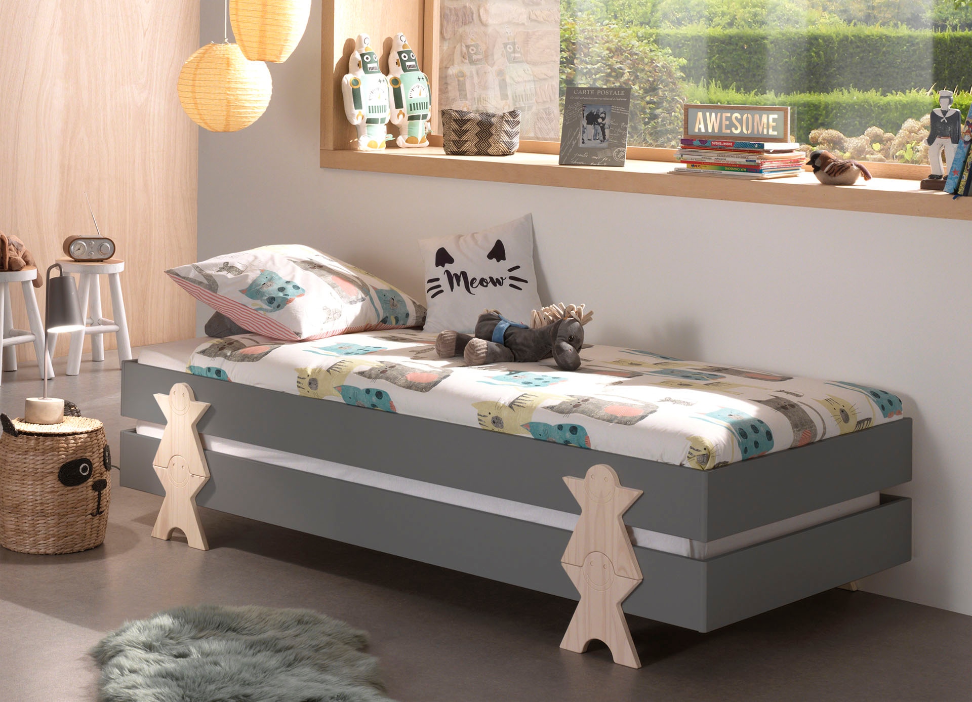 Vipack Kinderbett »Modulo, stapelbares Einzelbett, inkl. Rolllattenrost, 2 Farben«, (B/H/T ca. 203,6x93,8x48cm, Fuß Smile massiv, Bettseiten MDF lackiert), Liegefläche 90/200 cm, einzeln oder als 2-er Set erhältlich