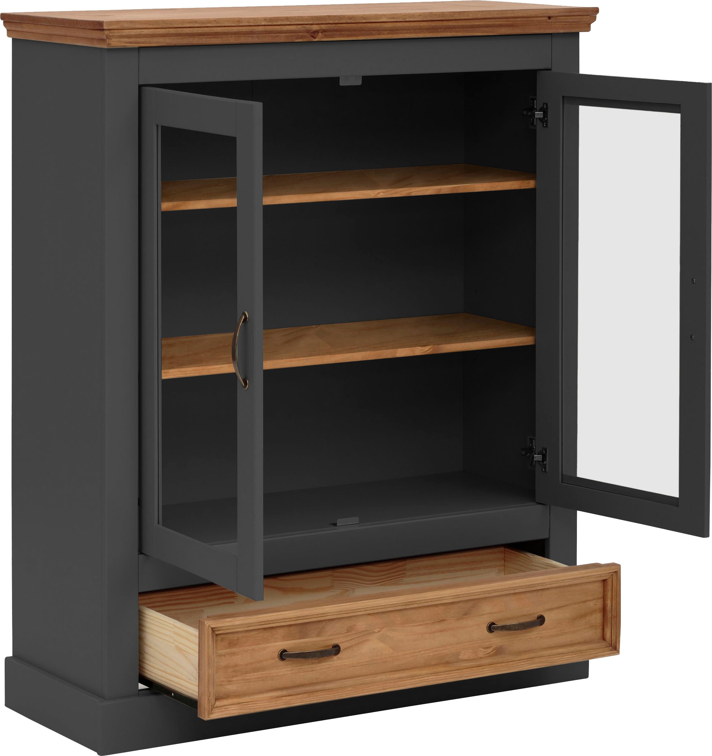 Home affaire Vitrine »Selma Highboard«, aus massivem Kiefernholz, mit Griffen aus antikisiertem Metall