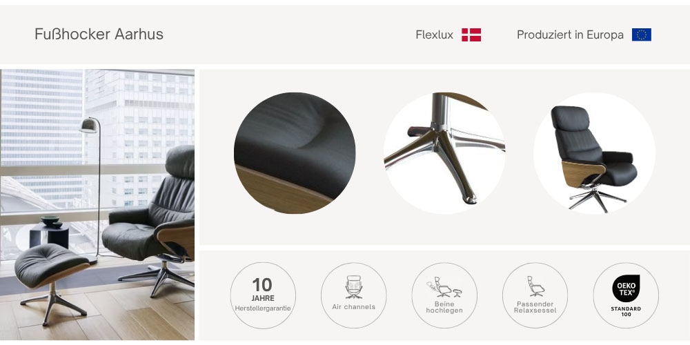 FLEXLUX Fußhocker »Aarhus, für Entspannung, Ergonomischer Komfort, Klassisches Stil«, Weicher Stoff oder Echtleder, Robustes Alu fuß, Gestell in Holzoptik