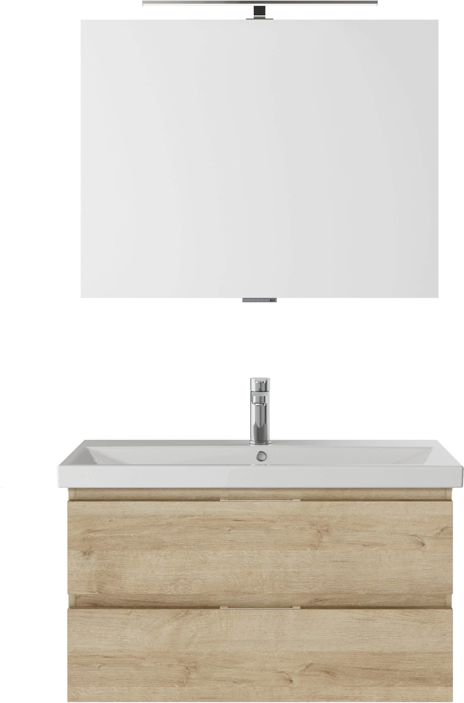 Saphir Badmöbel-Set »Serie 4035 2-teilig, Keramikwaschtisch mit LED-Spiegel, 90 cm breit«, (Set), Badezimmer-Set inkl. Türdämpfer, 2 Schubladen, Waschplatz