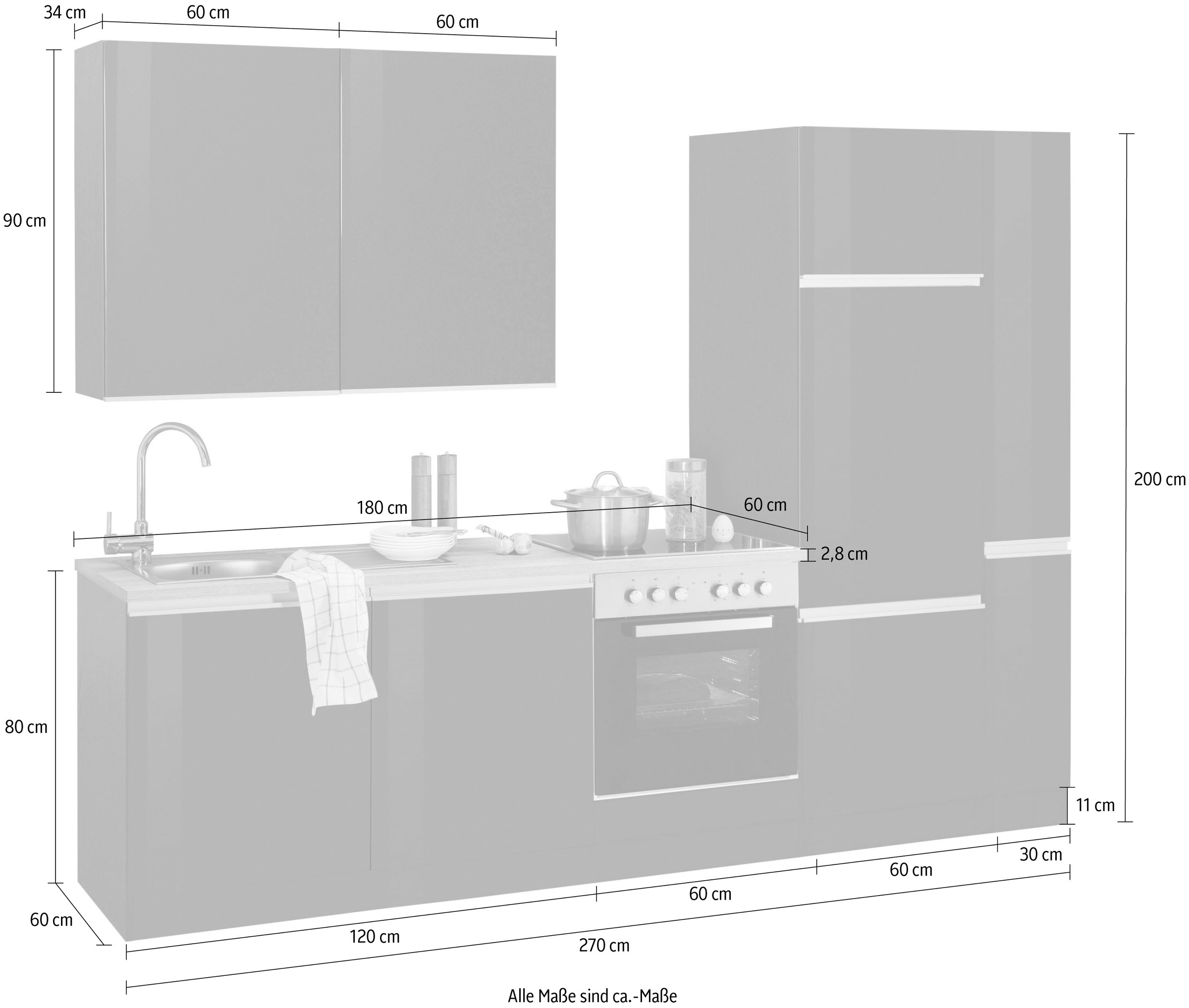 HELD MÖBEL Küchenzeile »Ohio«, ohne E-Geräte, Breite 270 cm bequem kaufen