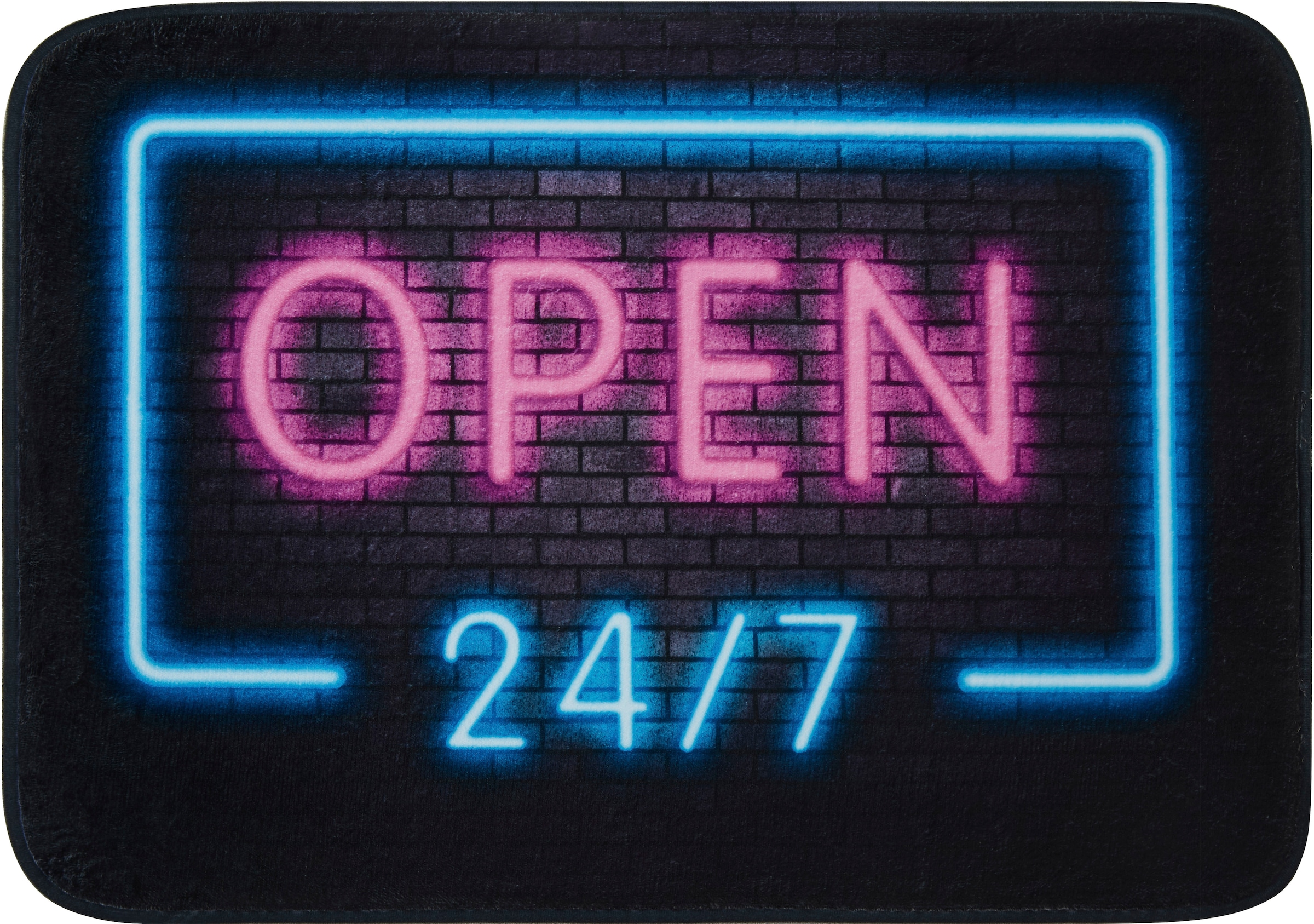MEUSCH Badematte »Open«, rutschhemmend beschichtet, fußbodenheizungsgeeignet, Badteppich, bedruckte Oberfläche, neonfarbener Schriftzug in 3D-Optik