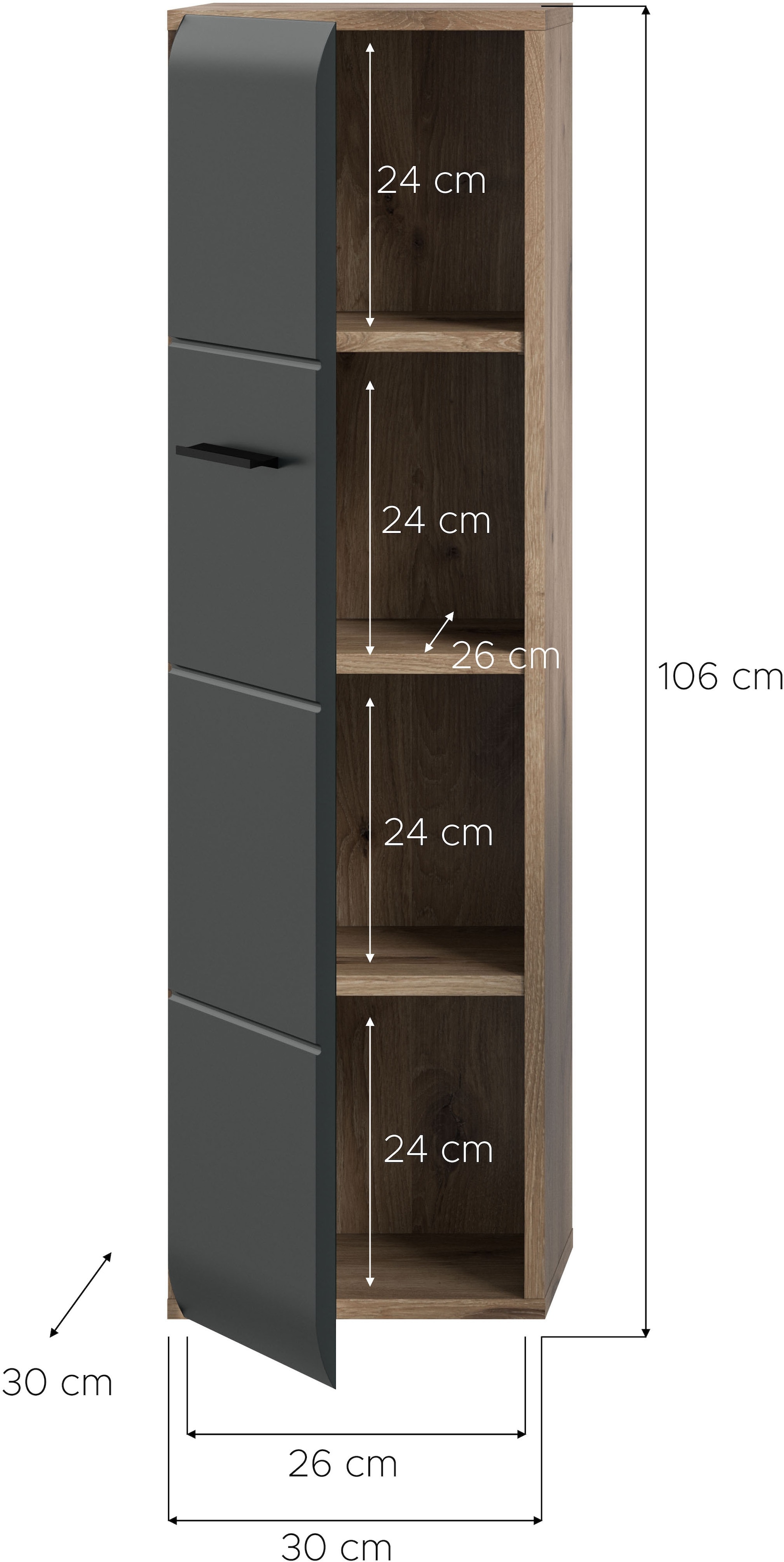 welltime Stauraumschrank »FLORENZ, Höhe 106 cm, 1 Tür, 4 Fächer, stehend & hängend montierbar« TOPSELLER!, 1 Stk. tlg. Türanschlag wechselbar, hochwertige MDF Front, Badschrank, Bad