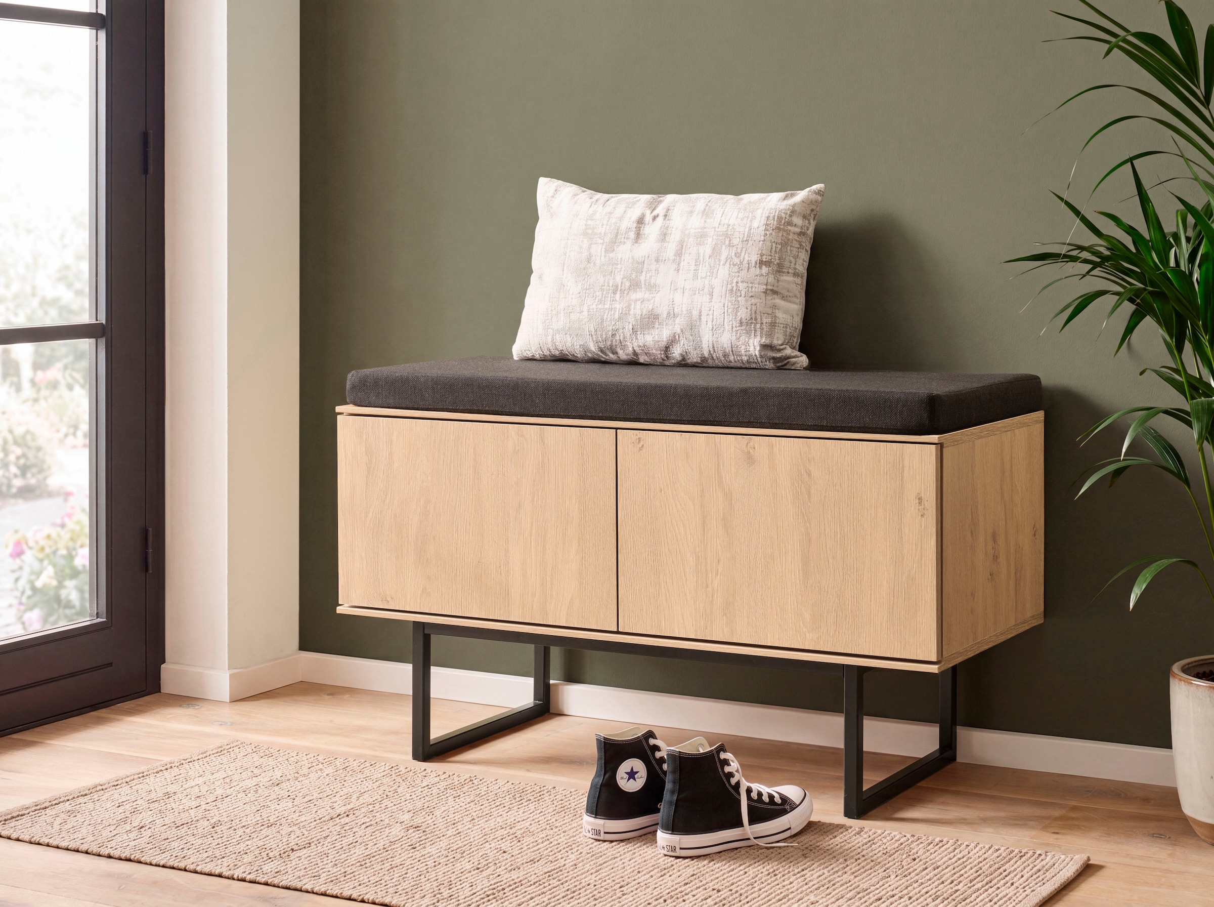 Home affaire Schuhbank »Lund, Garderobenbank mit Klappen, moderne Sitzbank, Polsterbank« viel Stauraum, Platz für ca. 6 Paar Schuhe, 90 cm breit