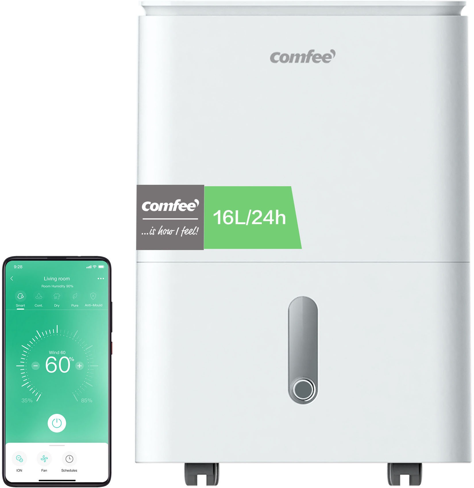 comfee Luftentfeuchter ""Easy Dry 16" geeignet für Räume mit bis zu 32 m²" Entfeuchtung 16 l/Tag mit Trocknermodus, App -und Sprachsteuerung