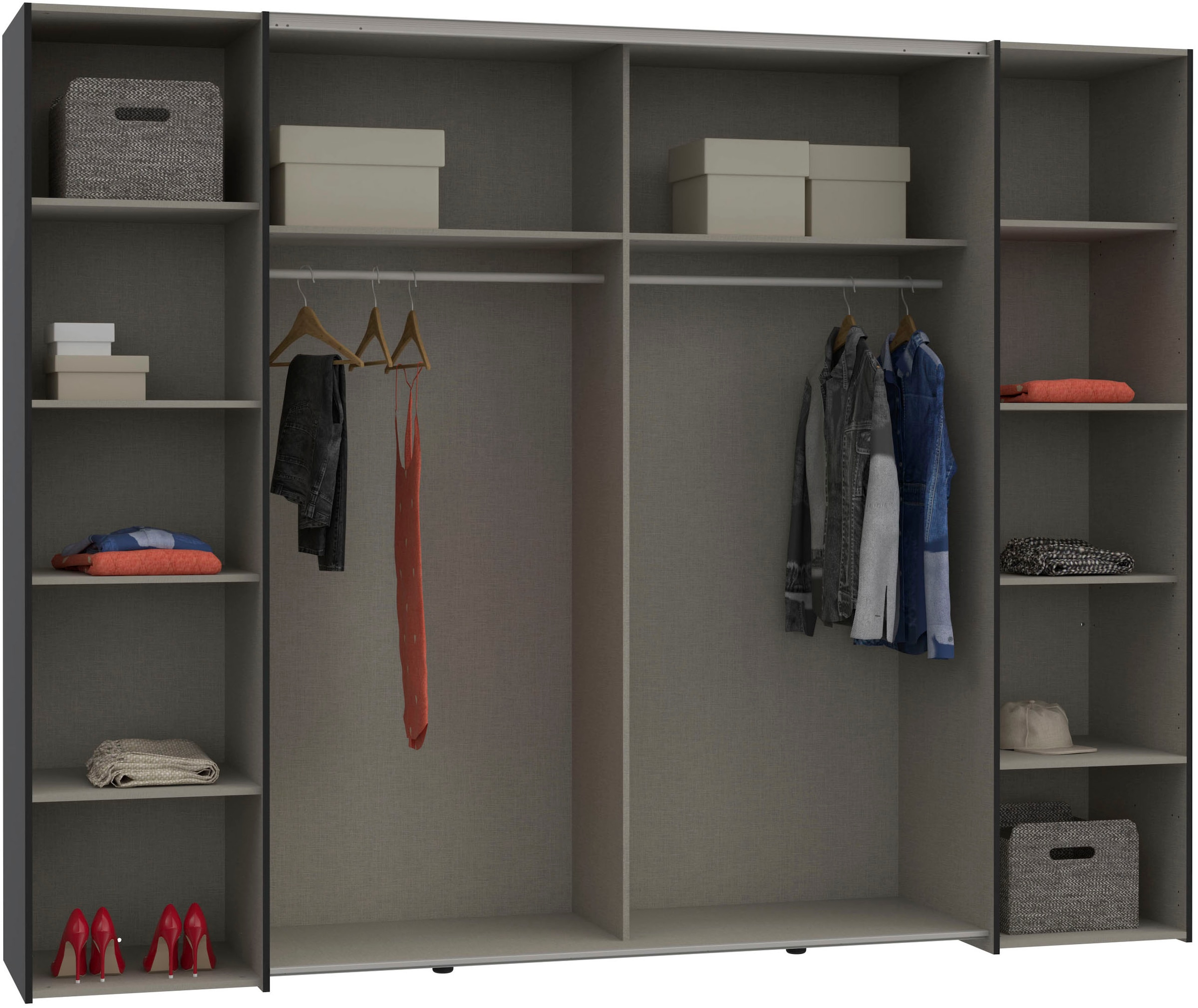 FORTE Dreh-/Schwebetürenschrank »Narago, TOPSELLER, Made in Europe, zeitloses Design«, (B/H/T ca. 270x210X61cm, Farbe Weiß auch mit Spiegeln erhältlich), viele Einlegeböden teilweise variabel einsetzbar, maximaler Stauraum