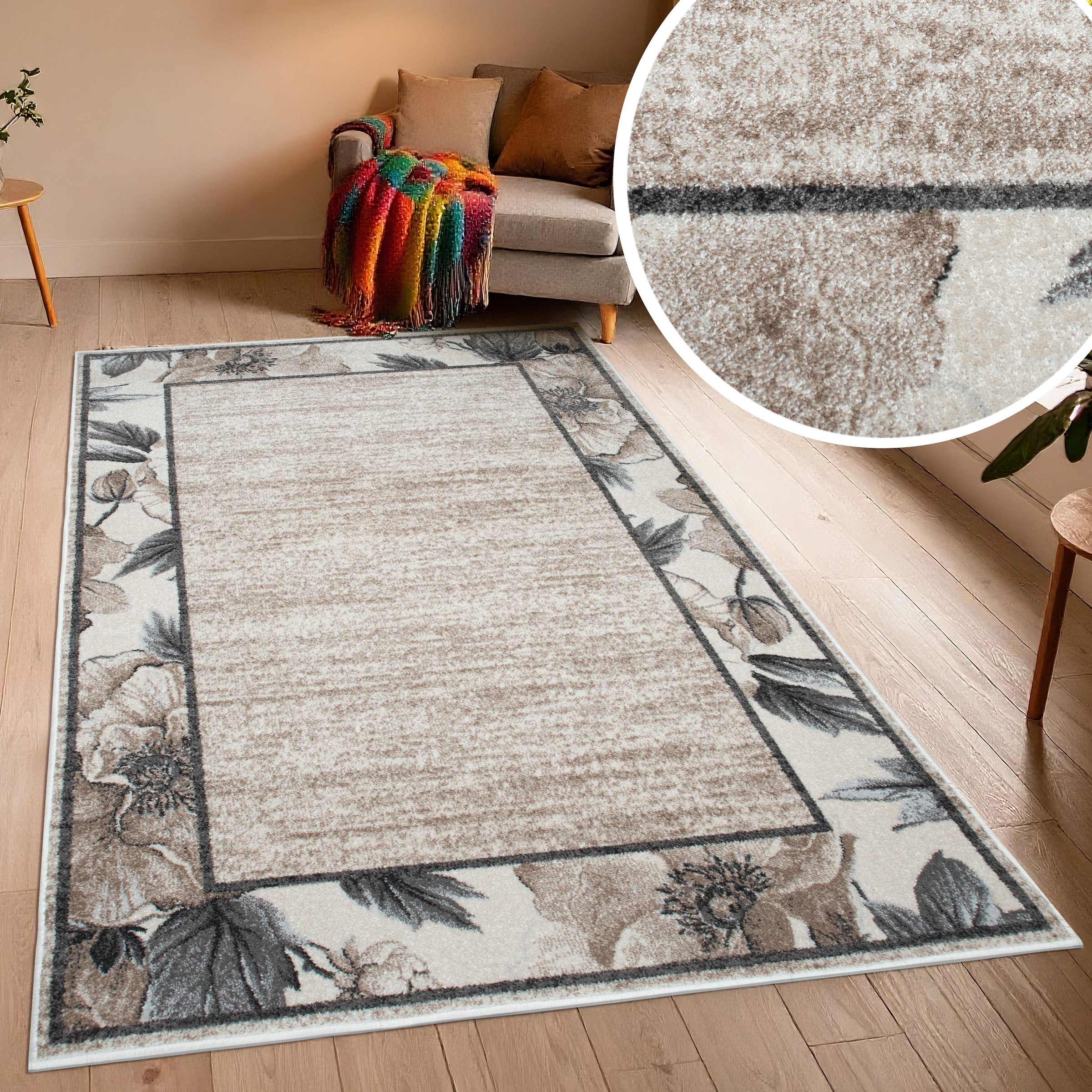 OTTO home Teppich »Florent mit Rahmen, Blumen Design« rechteckig 9 mm Höhe Floral, detailreiche Blüten, meliert, elegant, Wohnzimmer