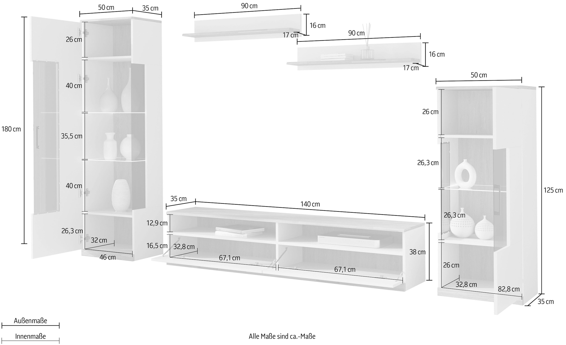 Home affaire Wohnwand »Ribe Wohnwand Set-5 St.« Set, 5 Stk. tlg. Glaseinsatz aus gehärtetem Glas,Böden teilweise versetzbar