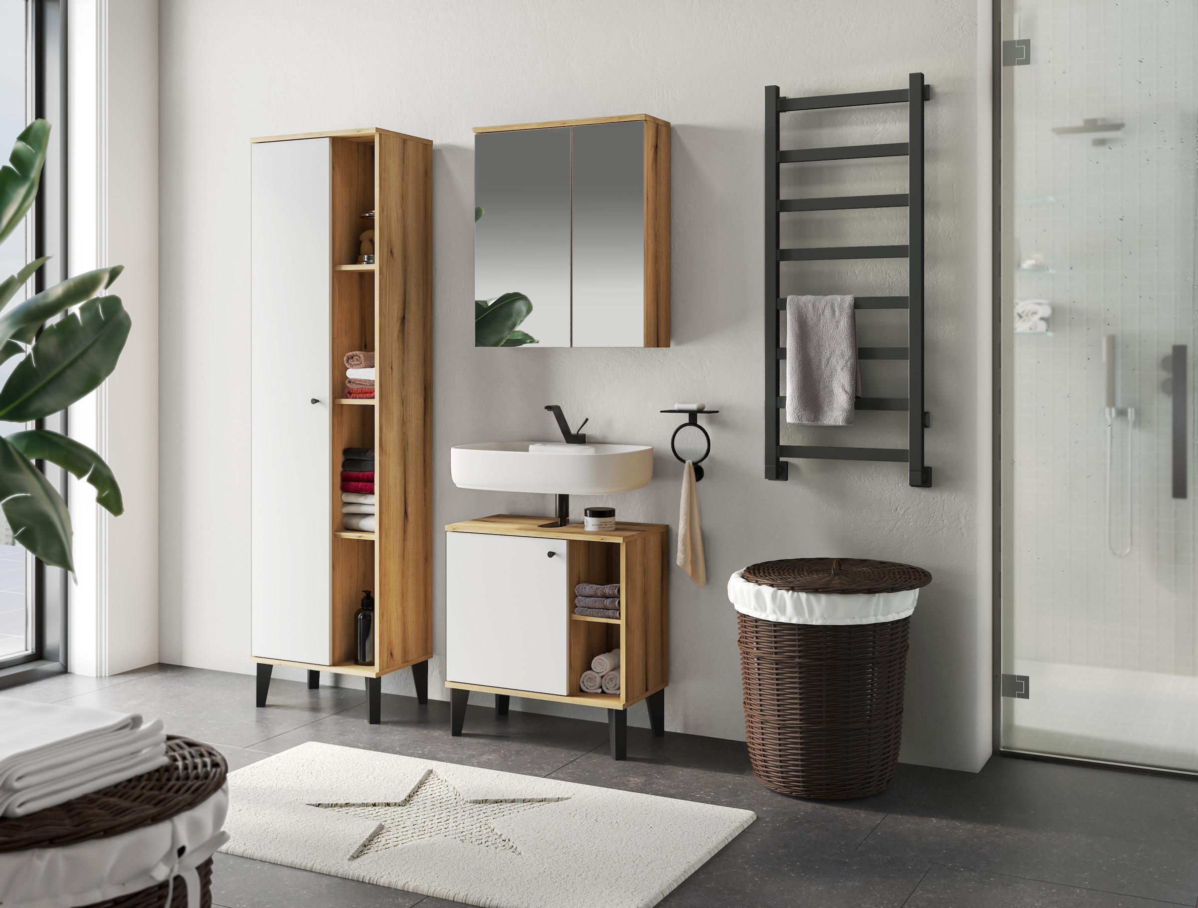 INOSIGN Badmöbel-Set »OSLO, Bad im skandinavischen Design, 3-teiliges Badezimmer«, (Set, 3 St.), Badschränke und Spiegel, in zwei Farben verfügbar, viel Stauraum