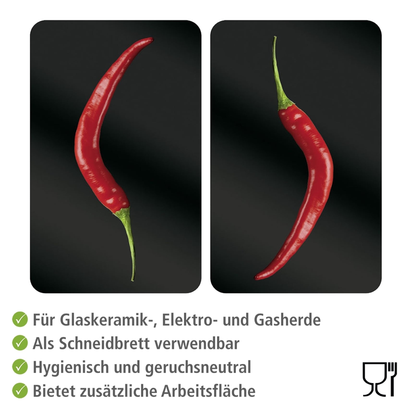 WENKO Herd-Abdeckplatte »Universal Modell Hot Peperoni«, (Set, 2 tlg.), Herdabdeckung für alle Herdarten, kratzfest, mit rutschfesten Füßen