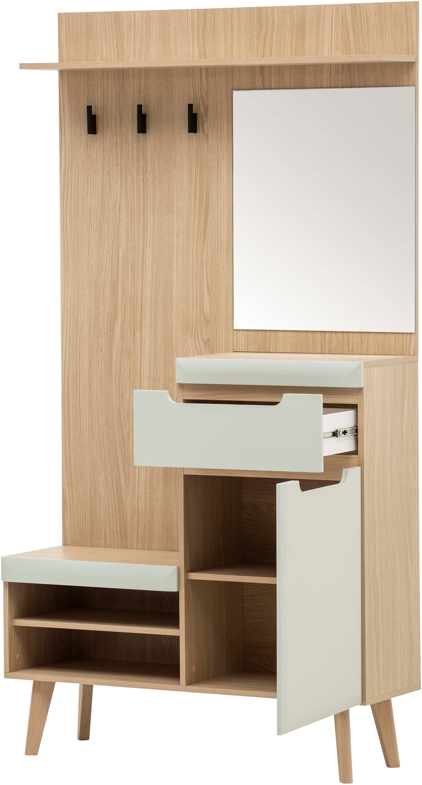 Home affaire Garderoben-Set »Torge, Garderobe mit Stauraum, Garderobenschrank im Scandic Design«, (Set, 2 St.), enthält Highboard und Garderobe mit Spiegel, in zwei Farben