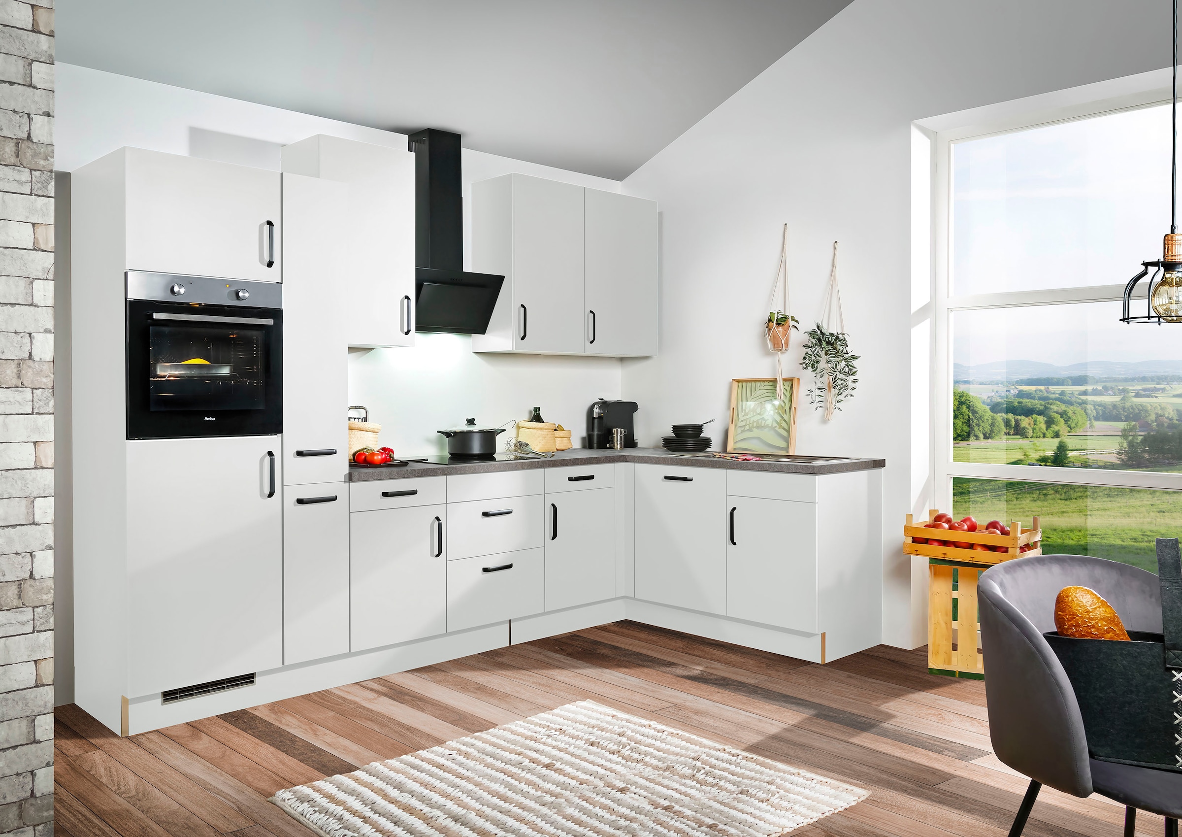 wiho Küchen Winkelküche »"Simi", mit verstellbaren Füßen, wahlweise mit E-Geräten«, Soft-Close-Funktion in Schubkästen & Auszügen, Stellbreite 315/175 cm