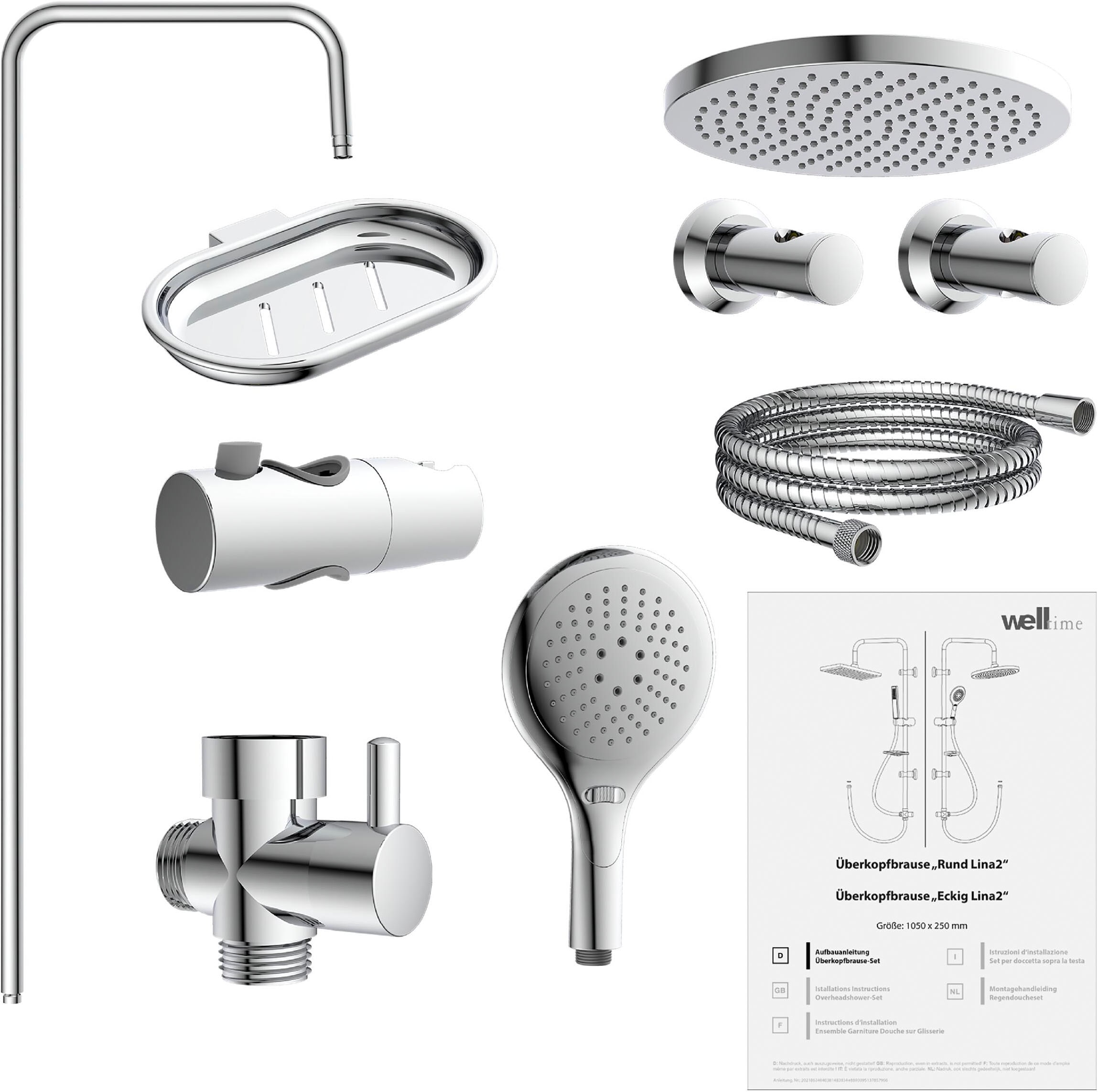 welltime Stangenbrause-Set »Lina« Überkopfbrause mit Seifenablage, Überkopfbrause mit 20cm Kantenlänge