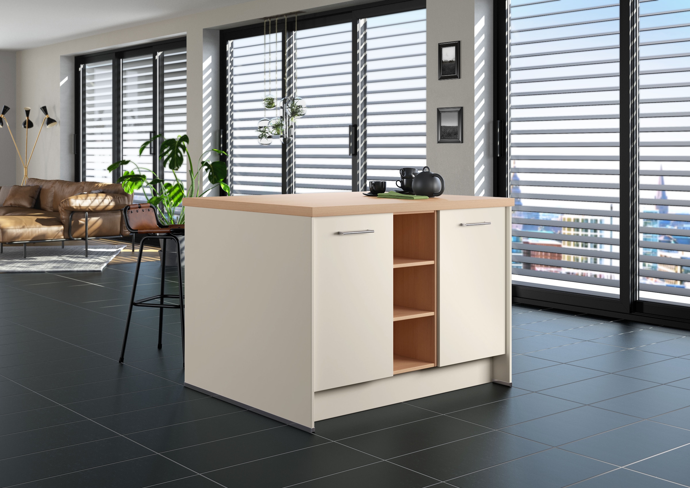 IMPULS KÜCHEN Kücheninsel »Kopenhagen, flexibel stellbar« Set,  vormontiert, mit integriertem Sitzplatz auf einer Seite, Breite 123 cm