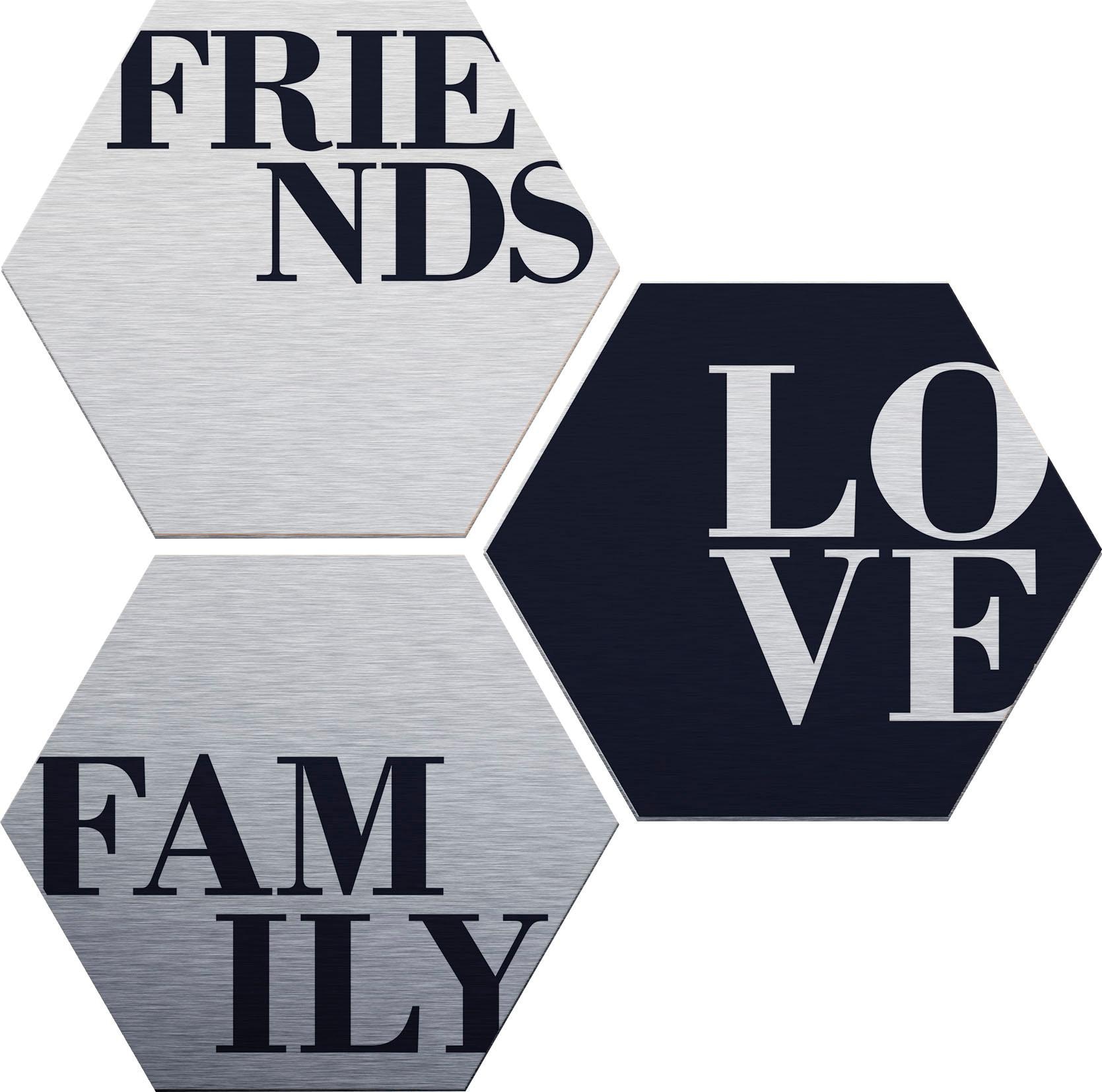 Wall-Art Metallbild »Love, Friends, Family«, Schriftzug, (Set), Metallposter Collage