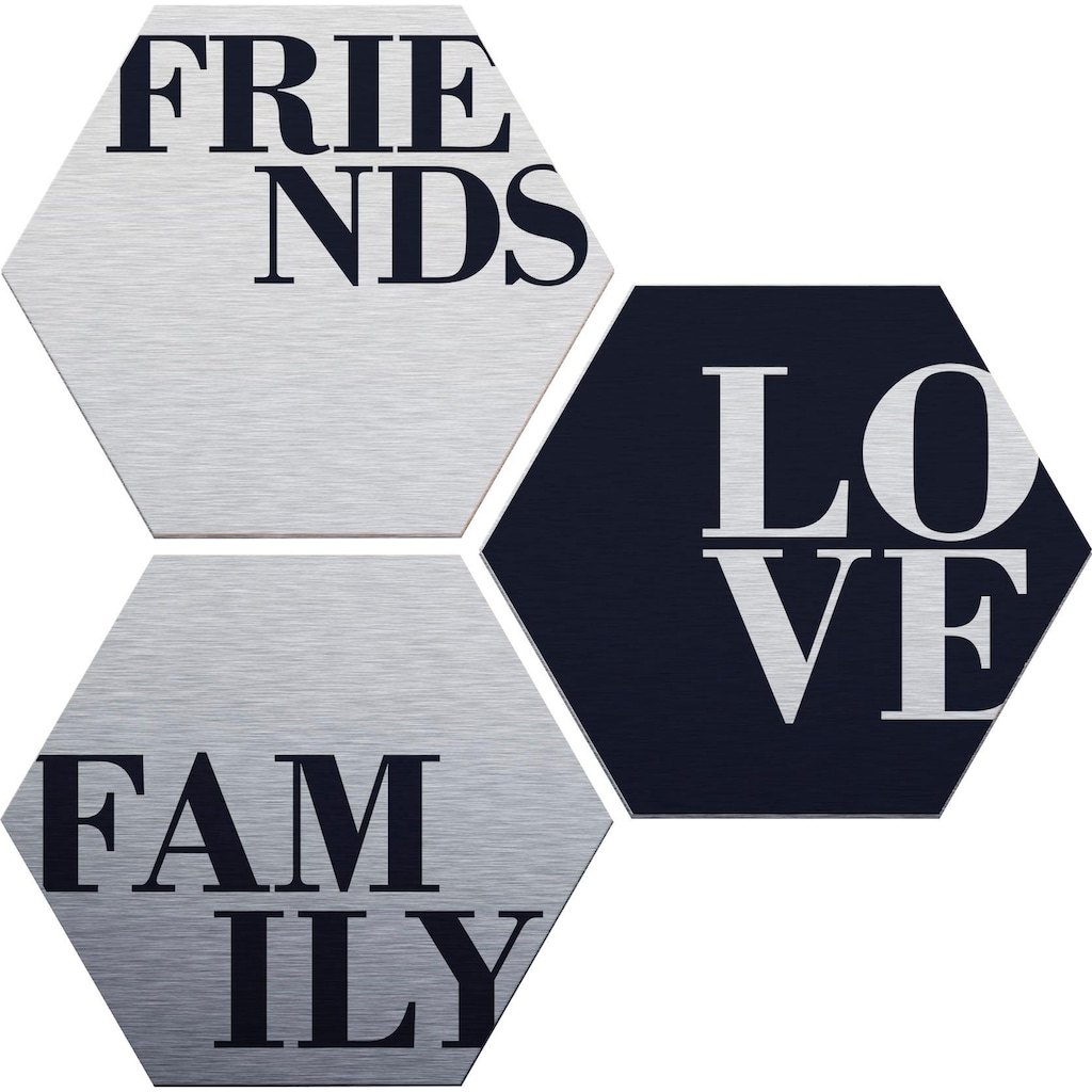 Wall-Art Metallbild »Love, Friends, Family«, Schriftzug, (Set)