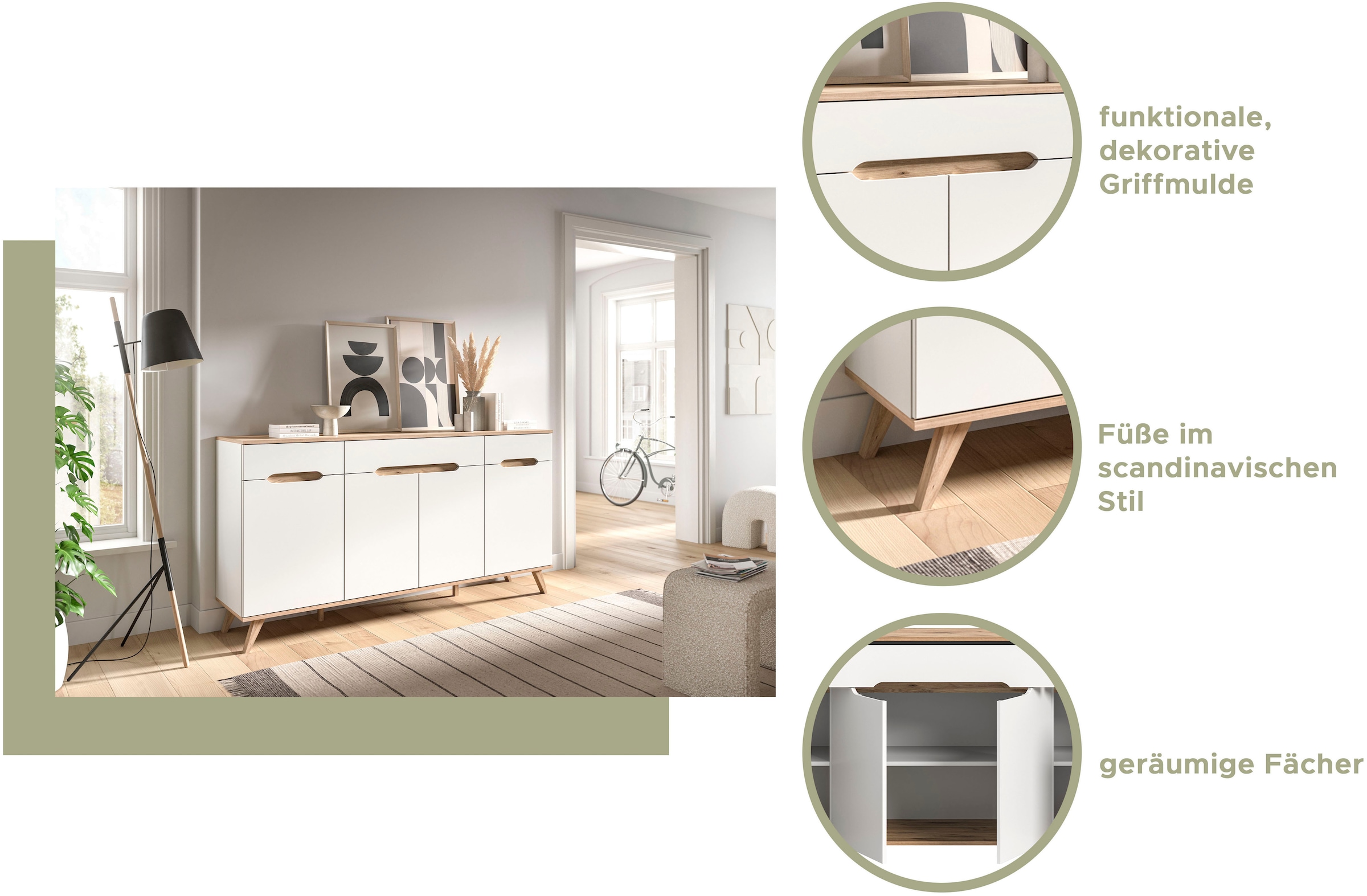 Home affaire Lowboard »Alesund, Breite 140 cm, 1 Klappe, 1 Schubkasten, konischer Fuß«, Scandi-Look, TV-Möbel, TV-Schrank, TV-Lowboard, Mediaboard, Wohnmöbel