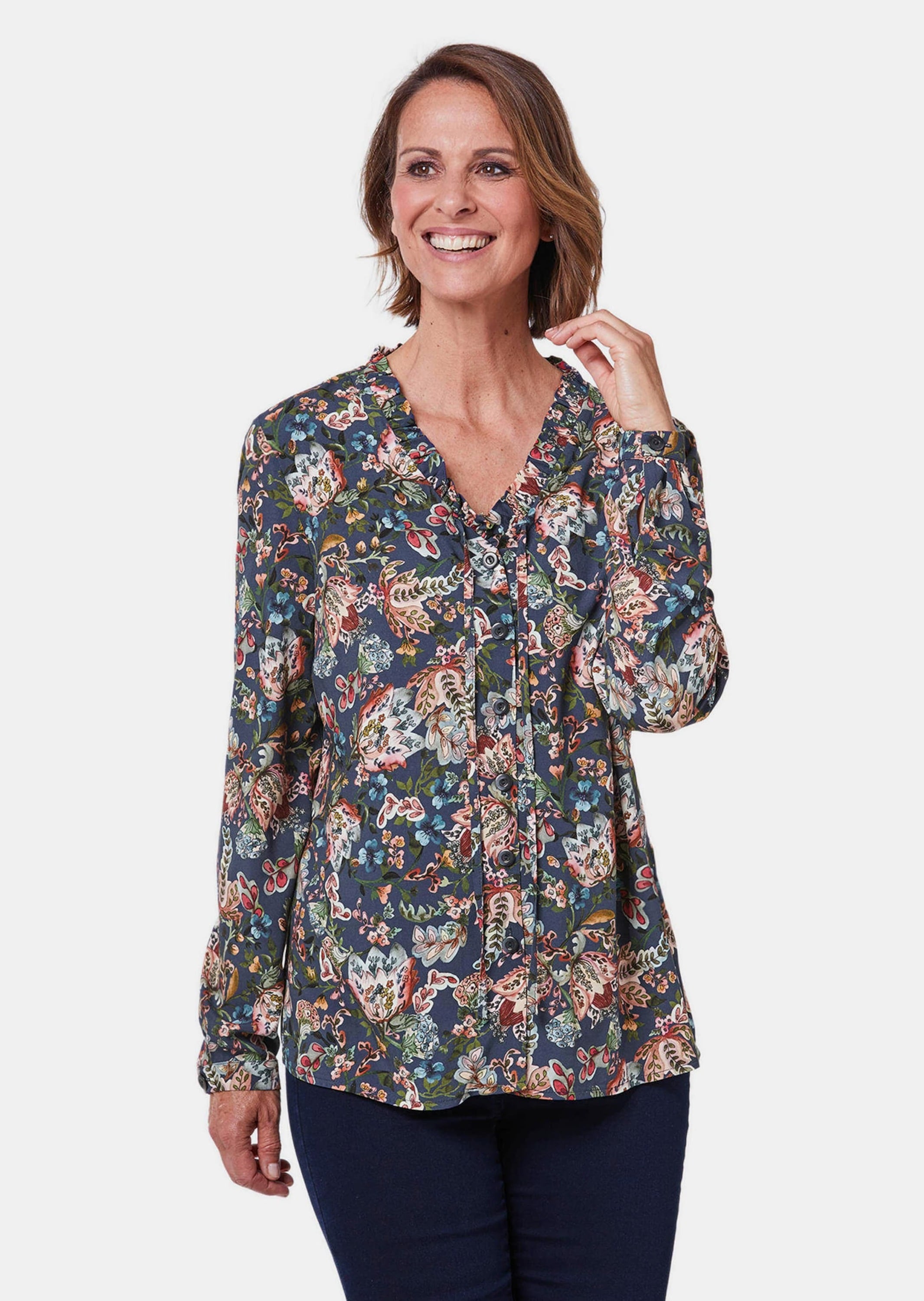 GOLDNER Druckbluse »Bluse Kurzgröße - Druckbluse mit raffinierter Ausschnittlösung«