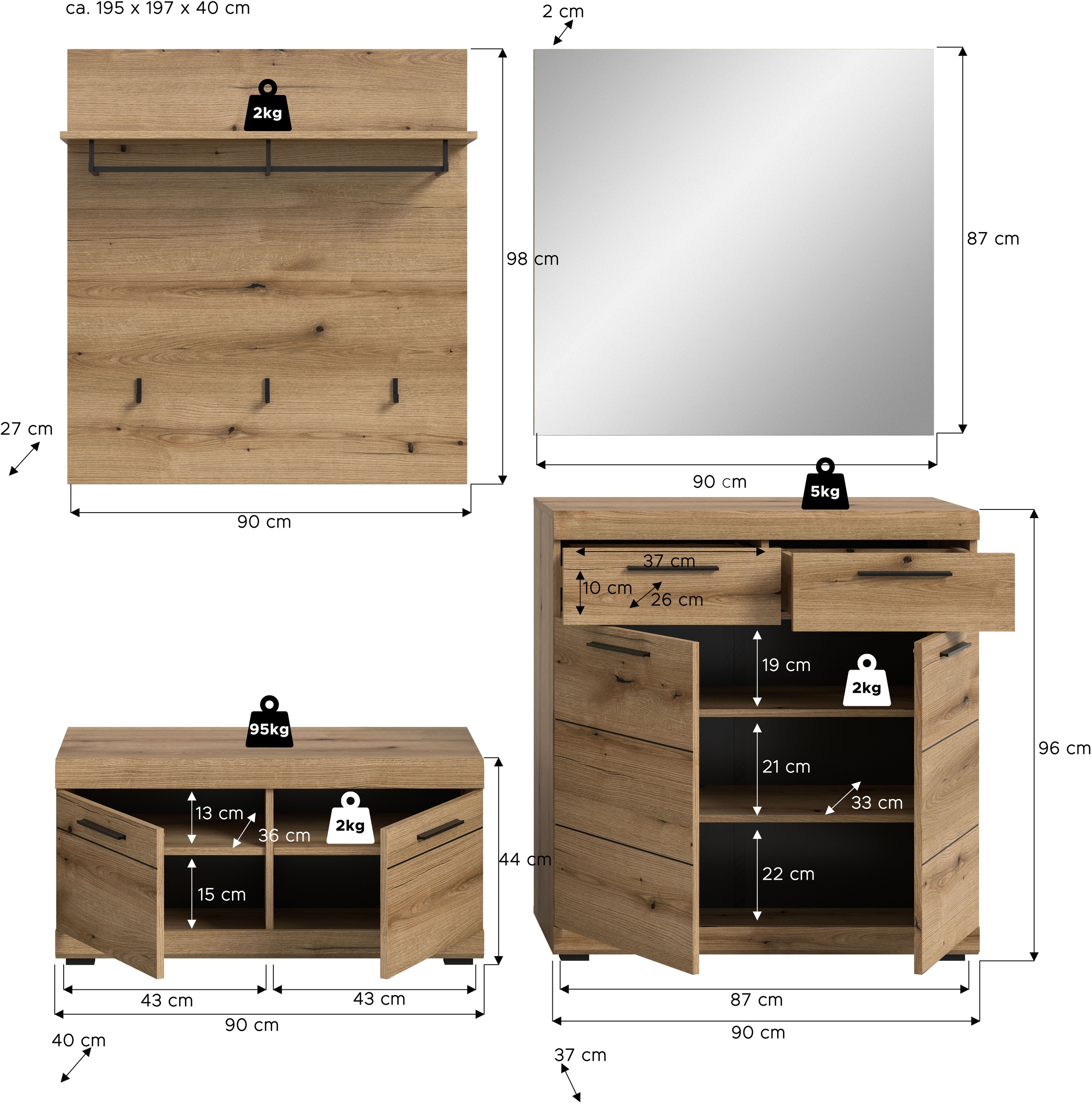 INOSIGN Garderoben-Set »Siena, Fronten mit hochwertiger Rillenfräsung, 4-teilig,bestehend aus:« Komplett-Set, bestehend aus: Sitzbank, Garderobenpaneel, Schuhschrank und Spiegel, 4 Stk. tlg.