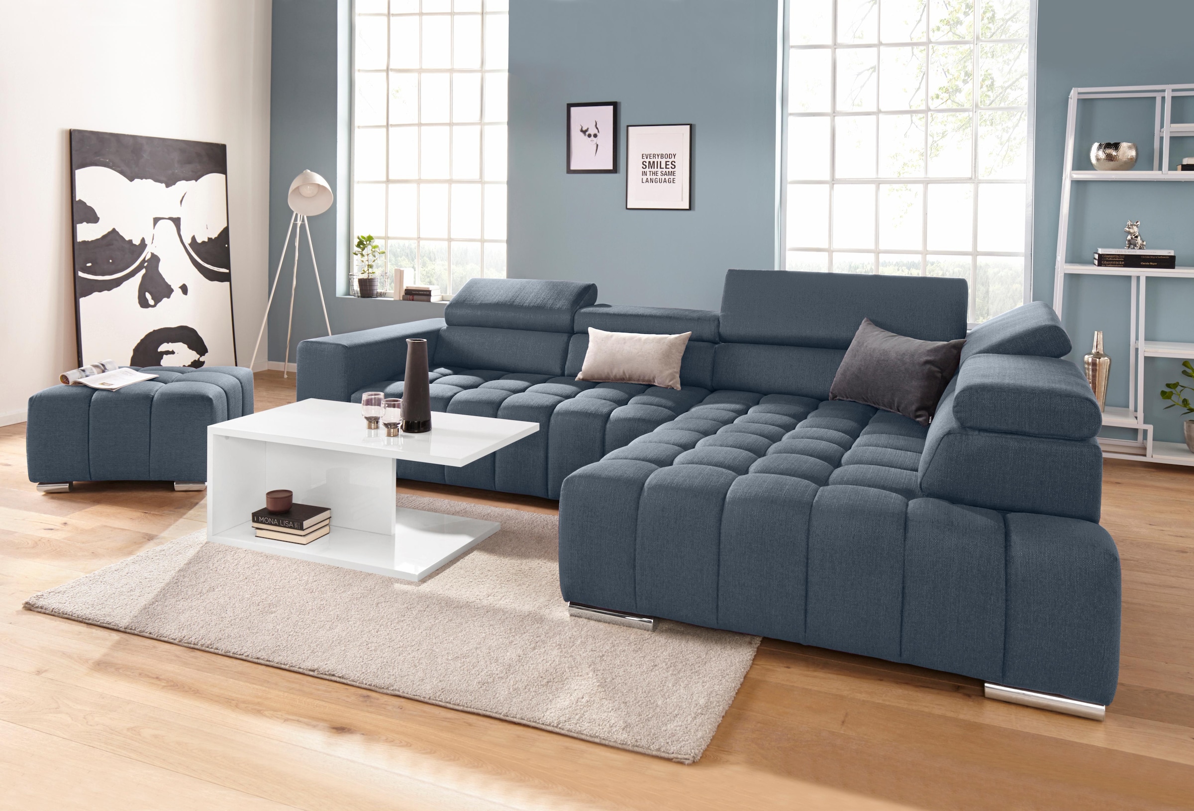 exxpo - sofa fashion Ecksofa »Elias, aktuelle Kreuzsteppung im Sitz, bequem, Breite 307cm, L-Form« mit Kopf- bzw. Rückenverstellung, wahlweise mit Bettfunktion