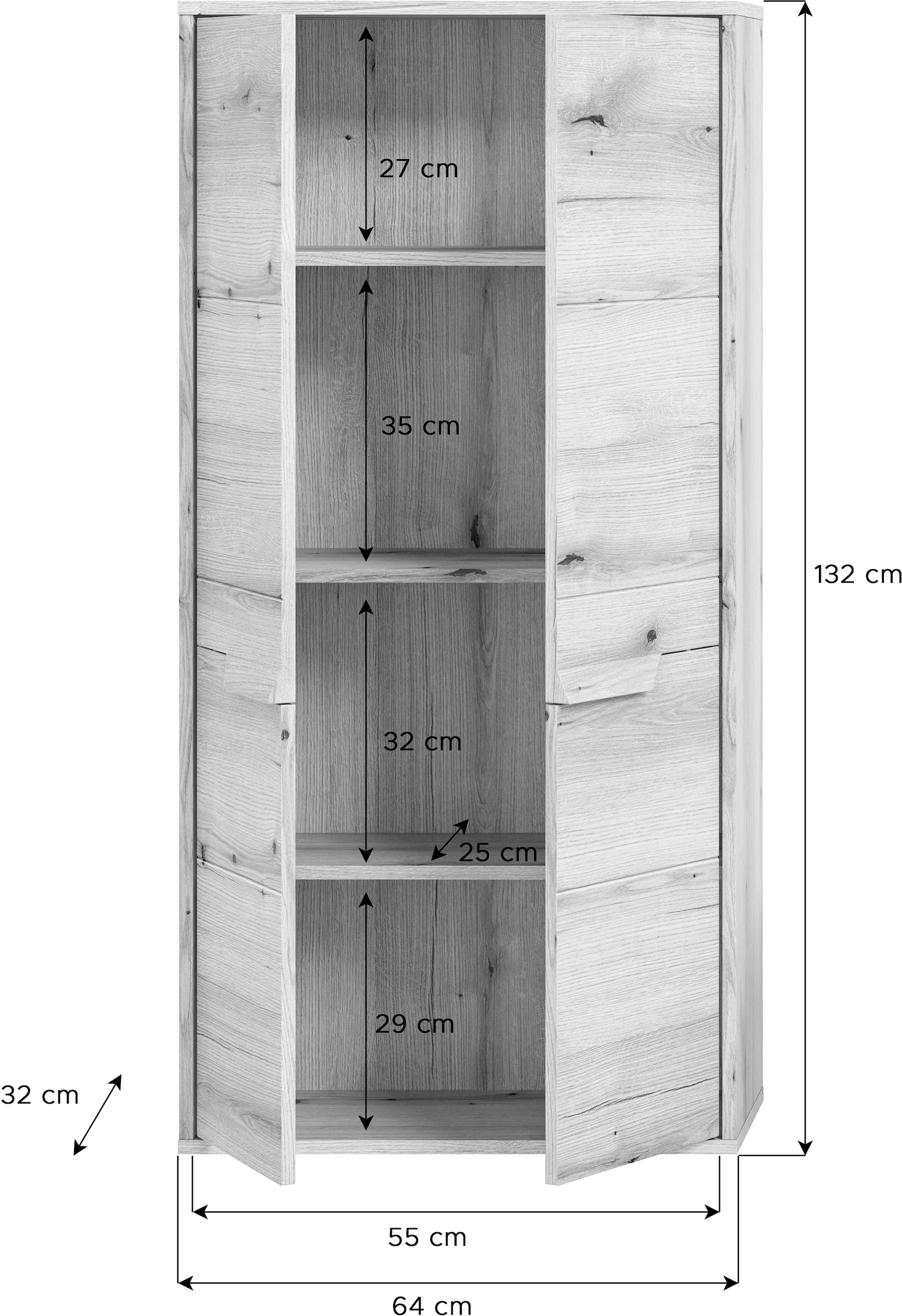 welltime Midischrank »Kayu, Höhe 132cm, stehend/hängend montierbar, 2 Türen, 3 Einlegeböden«, einzigartiges Griffdesign, Badschrank, Bad-Möbel, Badezimmer, Bad